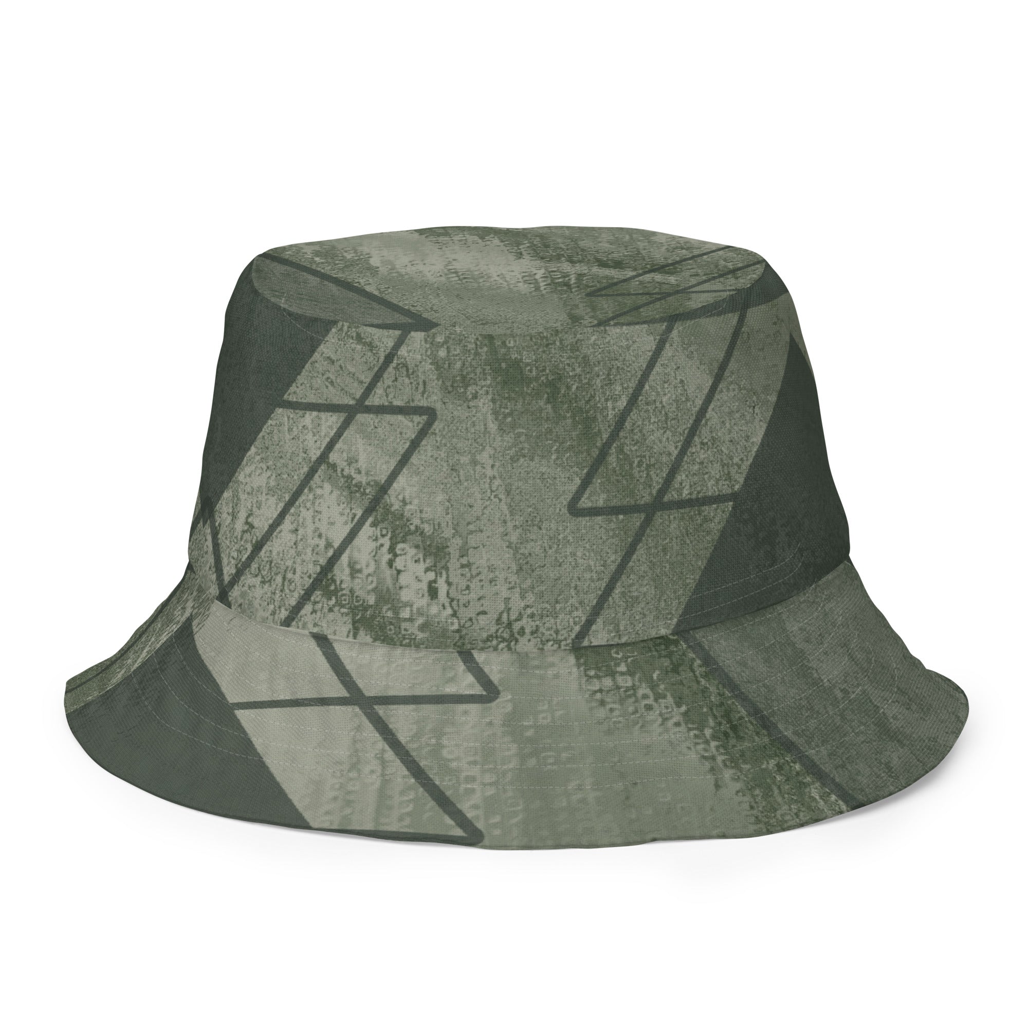 Olive Green Triangular Colorblock Reversible Bucket Hat showcasing its dual-sided design and breathable fabric.