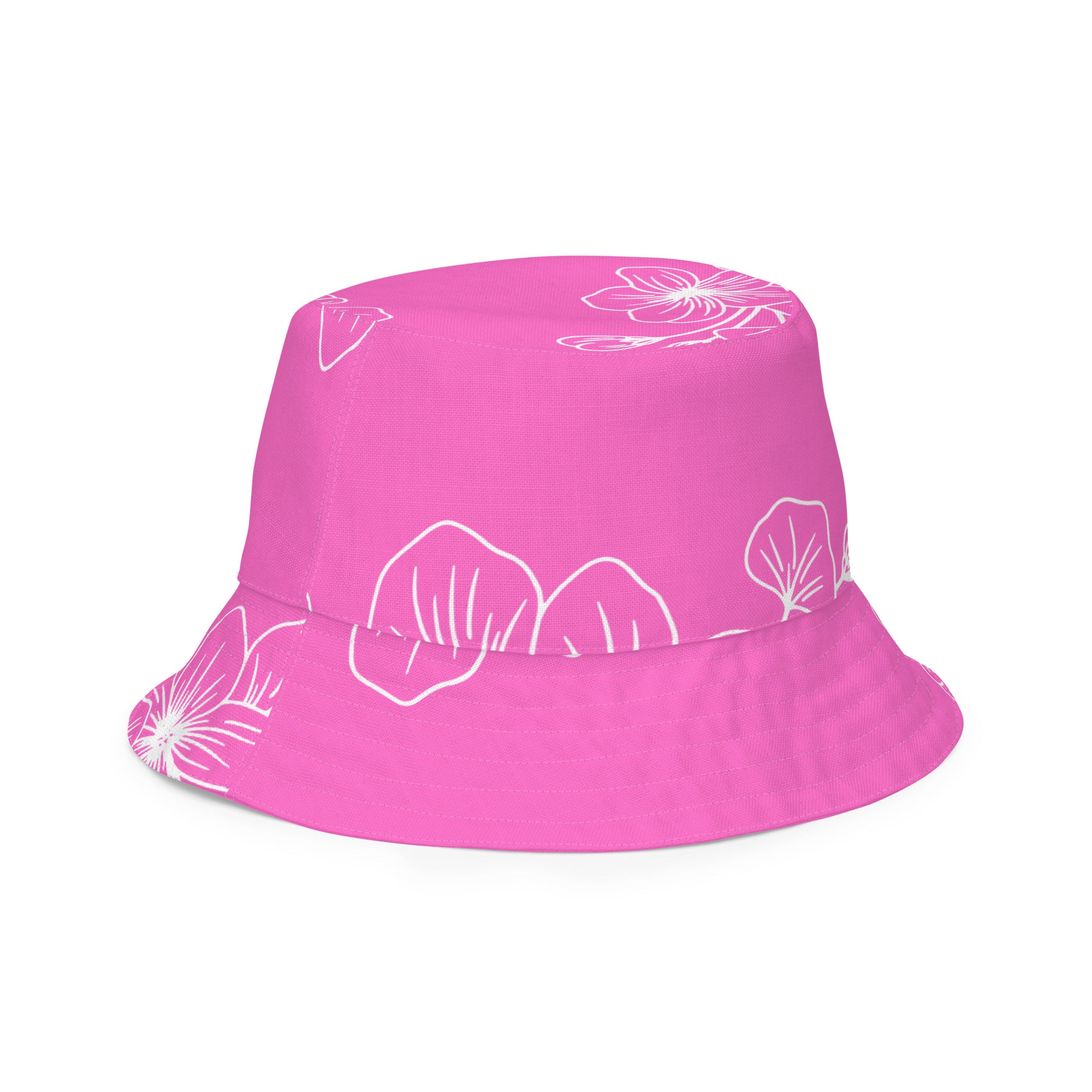 Reversible bucket hat featuring a pink floral design, showcasing both sides of the fabric.