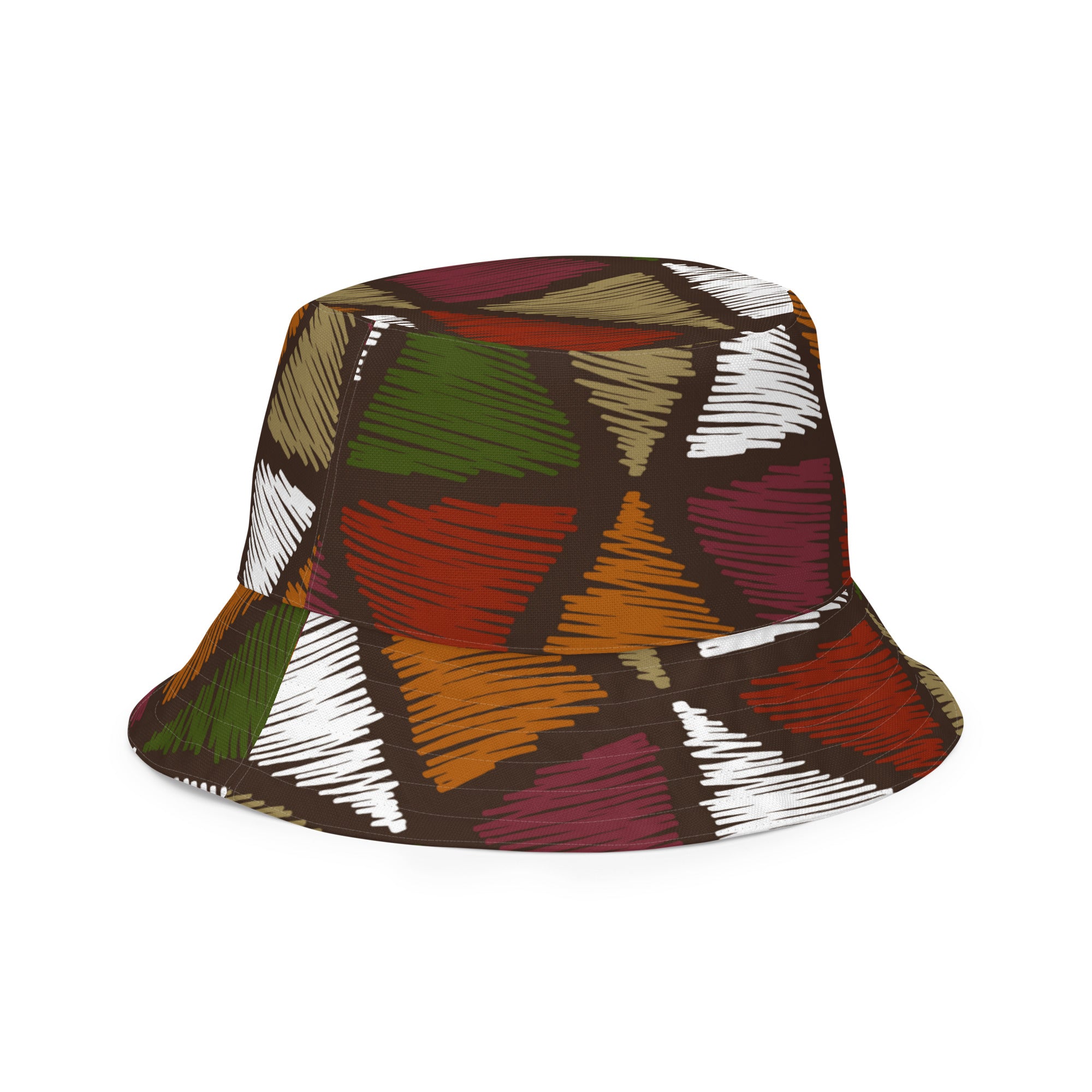 Reversible bucket hat featuring red and green geometric lines, made from breathable polyester fabric.