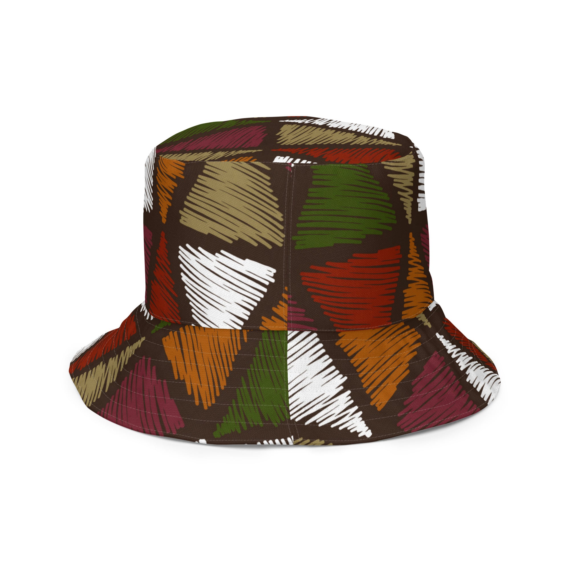 Reversible bucket hat featuring red and green geometric lines, made from breathable polyester fabric.