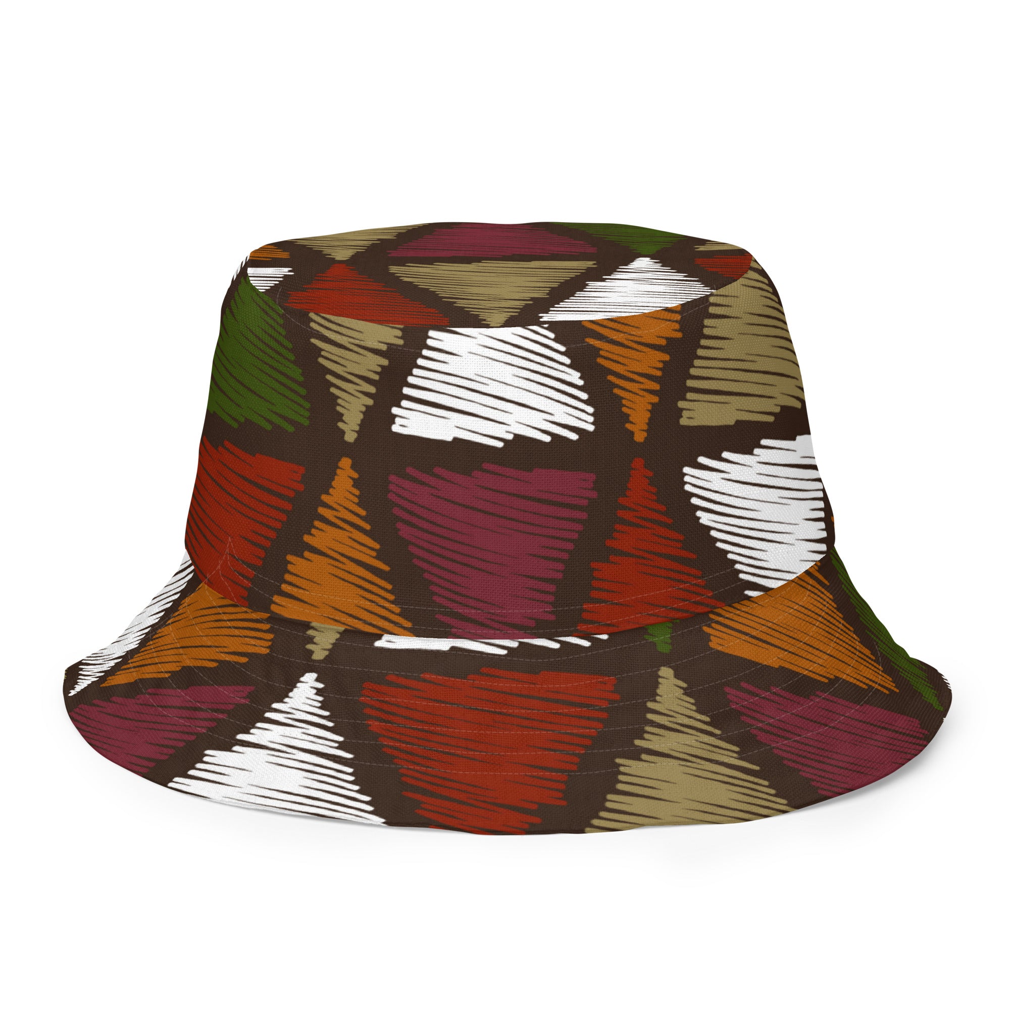 Reversible bucket hat featuring red and green geometric lines, made from breathable polyester fabric.