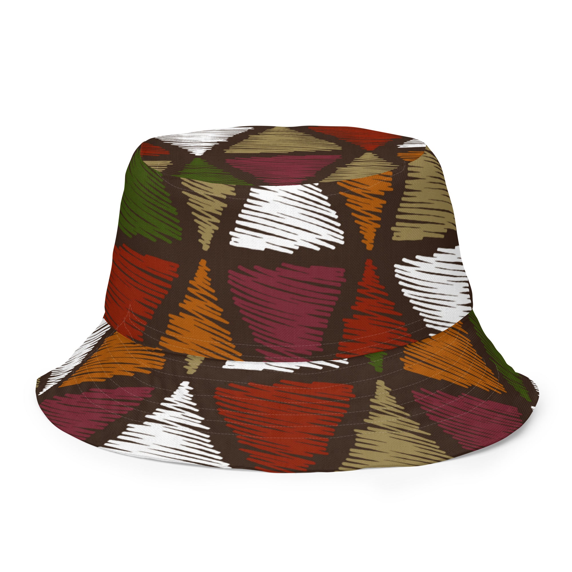 Reversible bucket hat featuring red and green geometric lines, made from breathable polyester fabric.