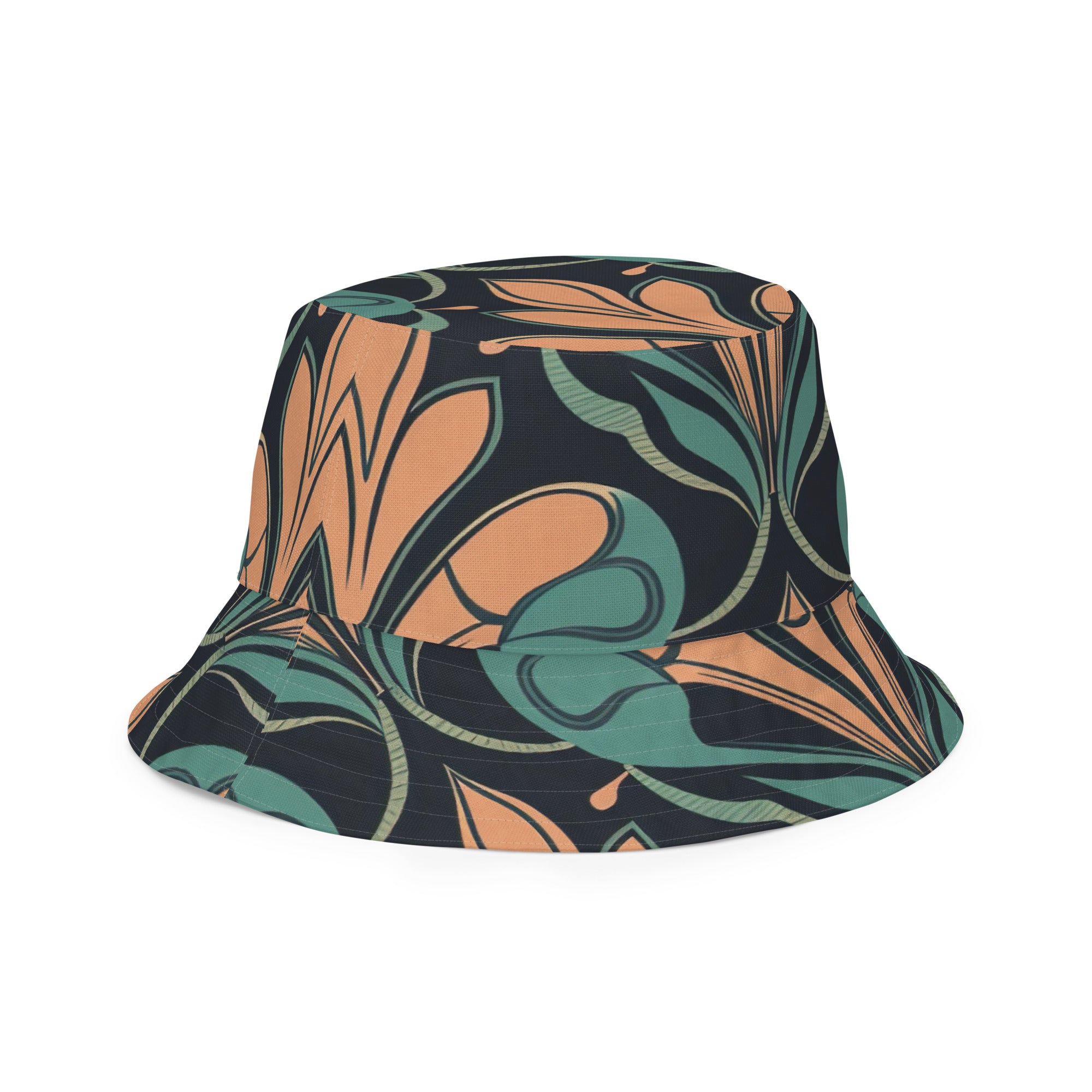 Reversible bucket hat featuring a retro vintage green and cream illustration pattern, showcasing its stylish design and premium fabric.