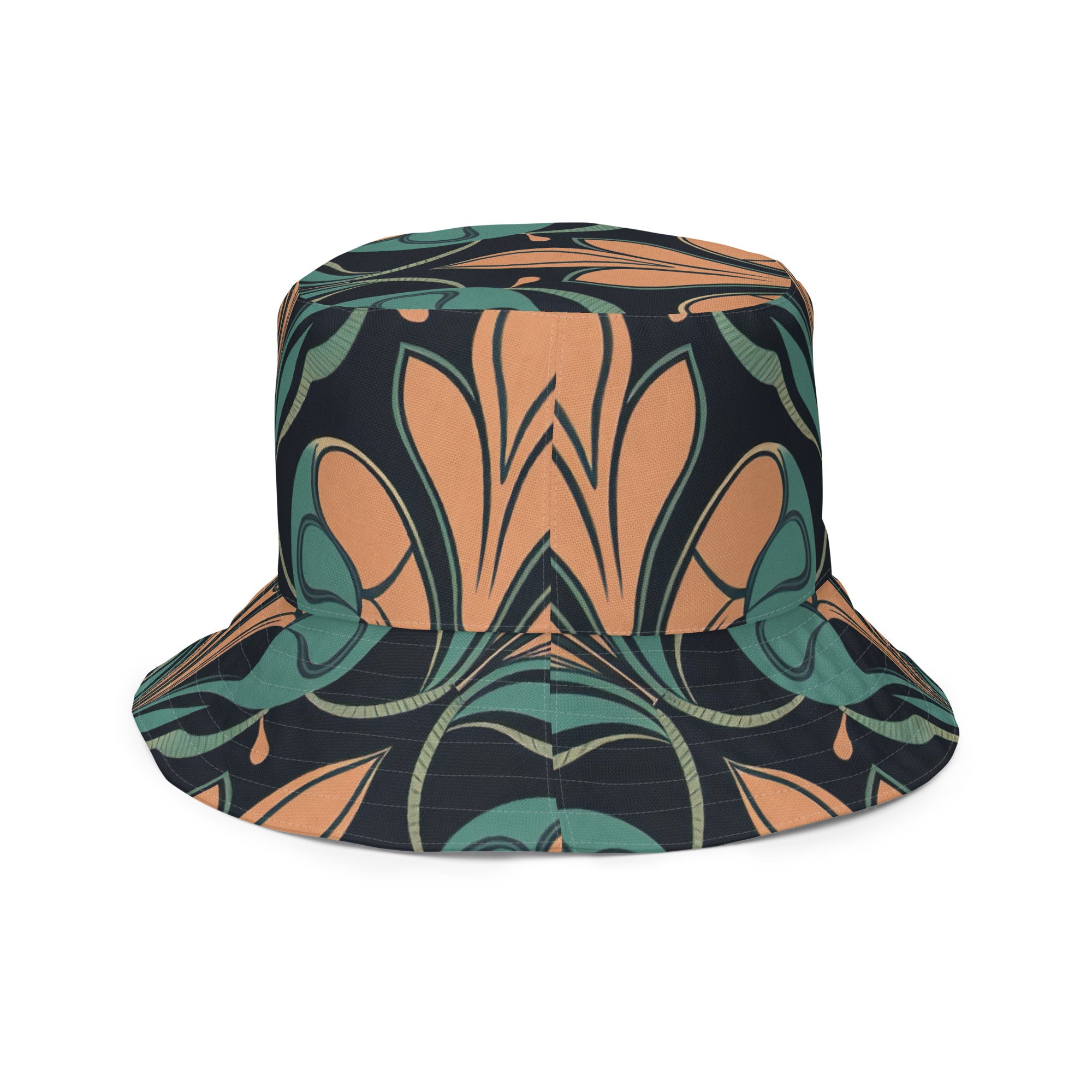 Reversible bucket hat featuring a retro vintage green and cream illustration pattern, showcasing its stylish design and premium fabric.