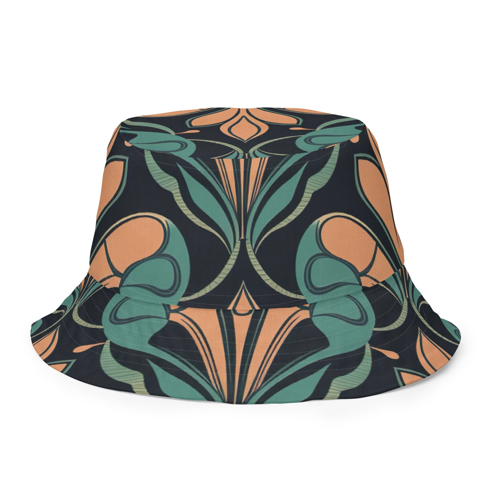 Reversible bucket hat featuring a retro vintage green and cream illustration pattern, showcasing its stylish design and premium fabric.