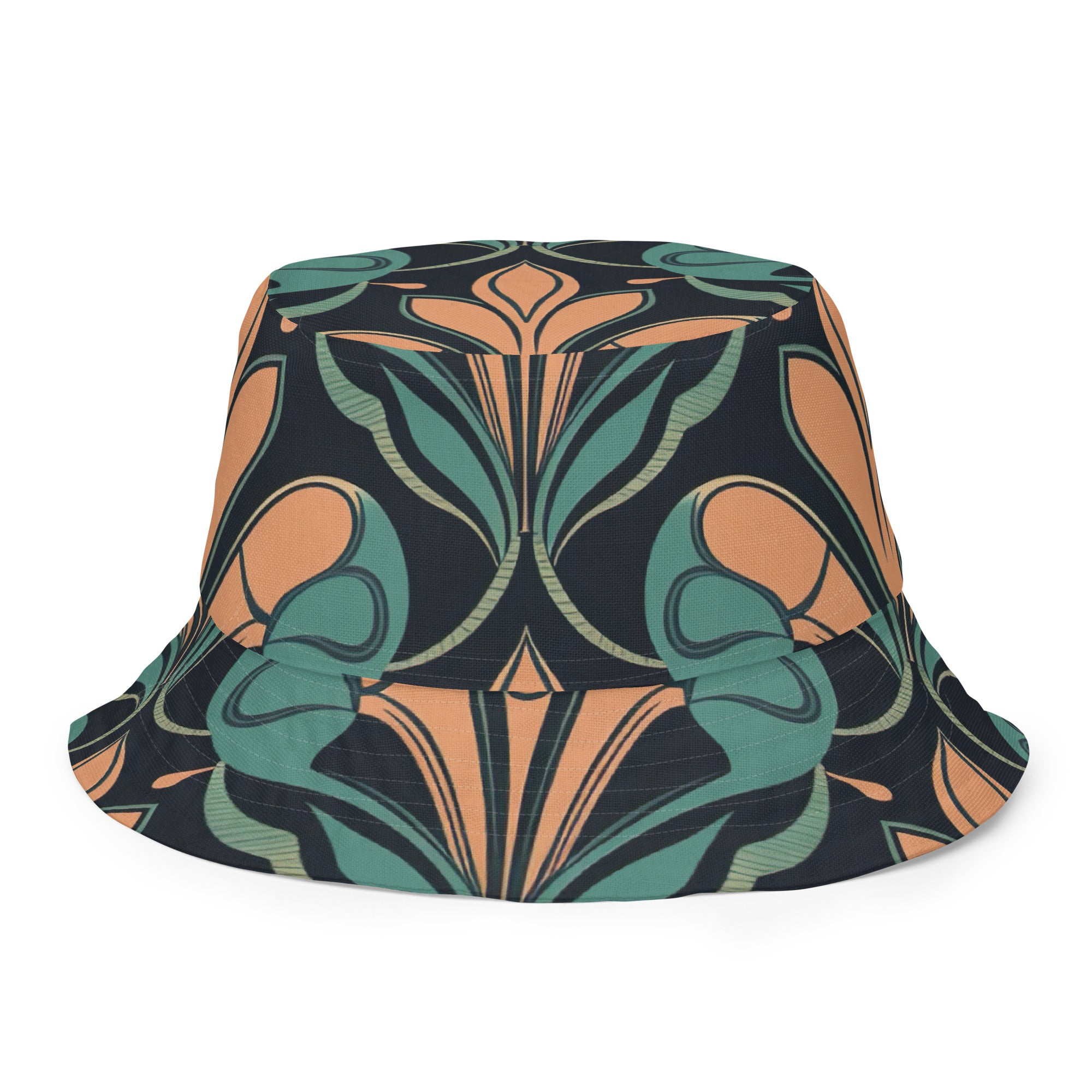 Reversible bucket hat featuring a retro vintage green and cream illustration pattern, showcasing its stylish design and premium fabric.