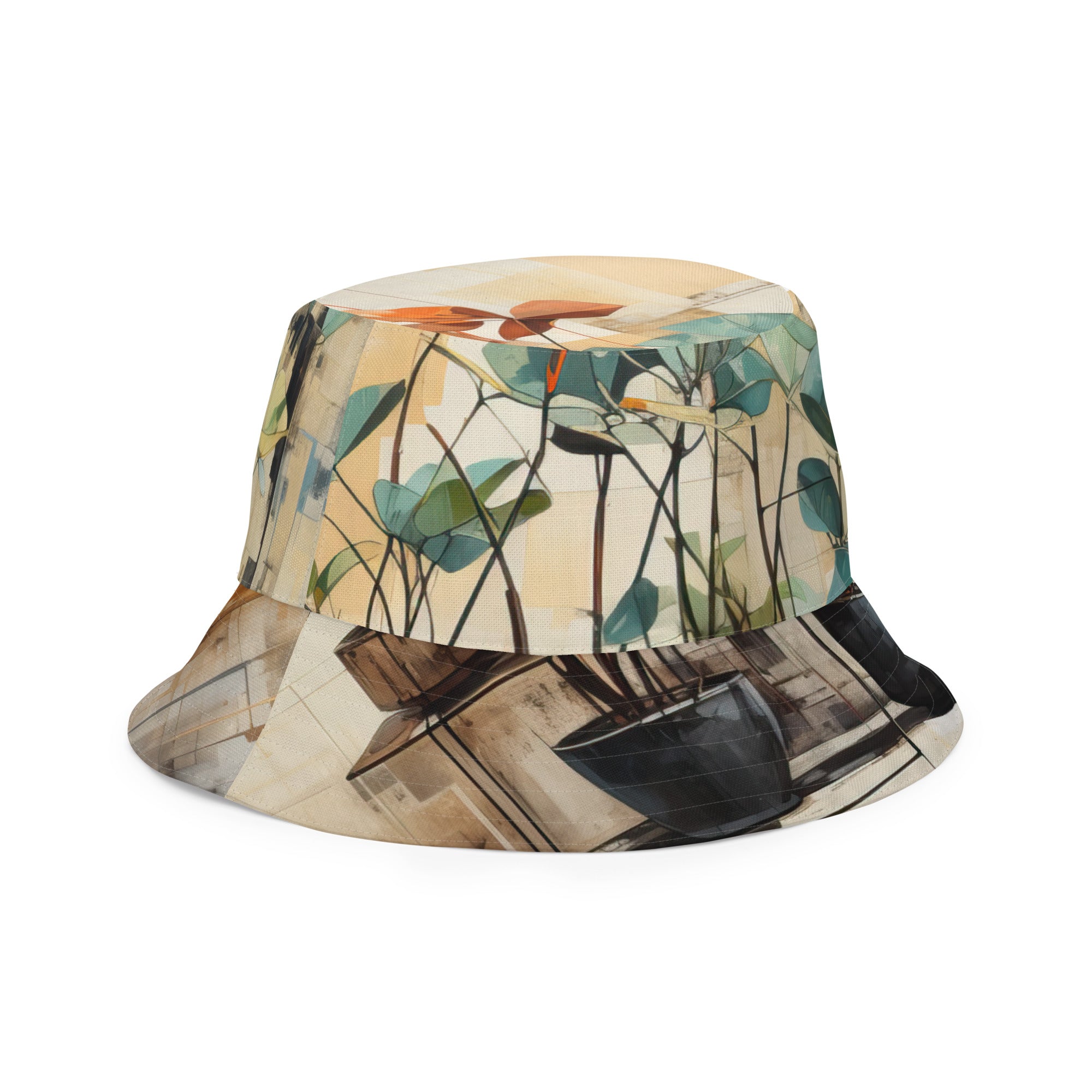 Reversible bucket hat featuring rustic botanical plants design, showcasing its stylish and breathable fabric.