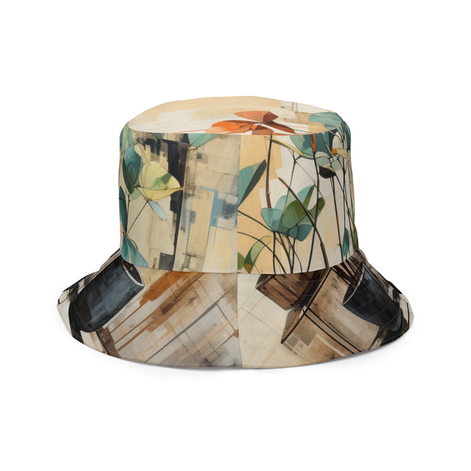 Reversible bucket hat featuring rustic botanical plants design, showcasing its stylish and breathable fabric.