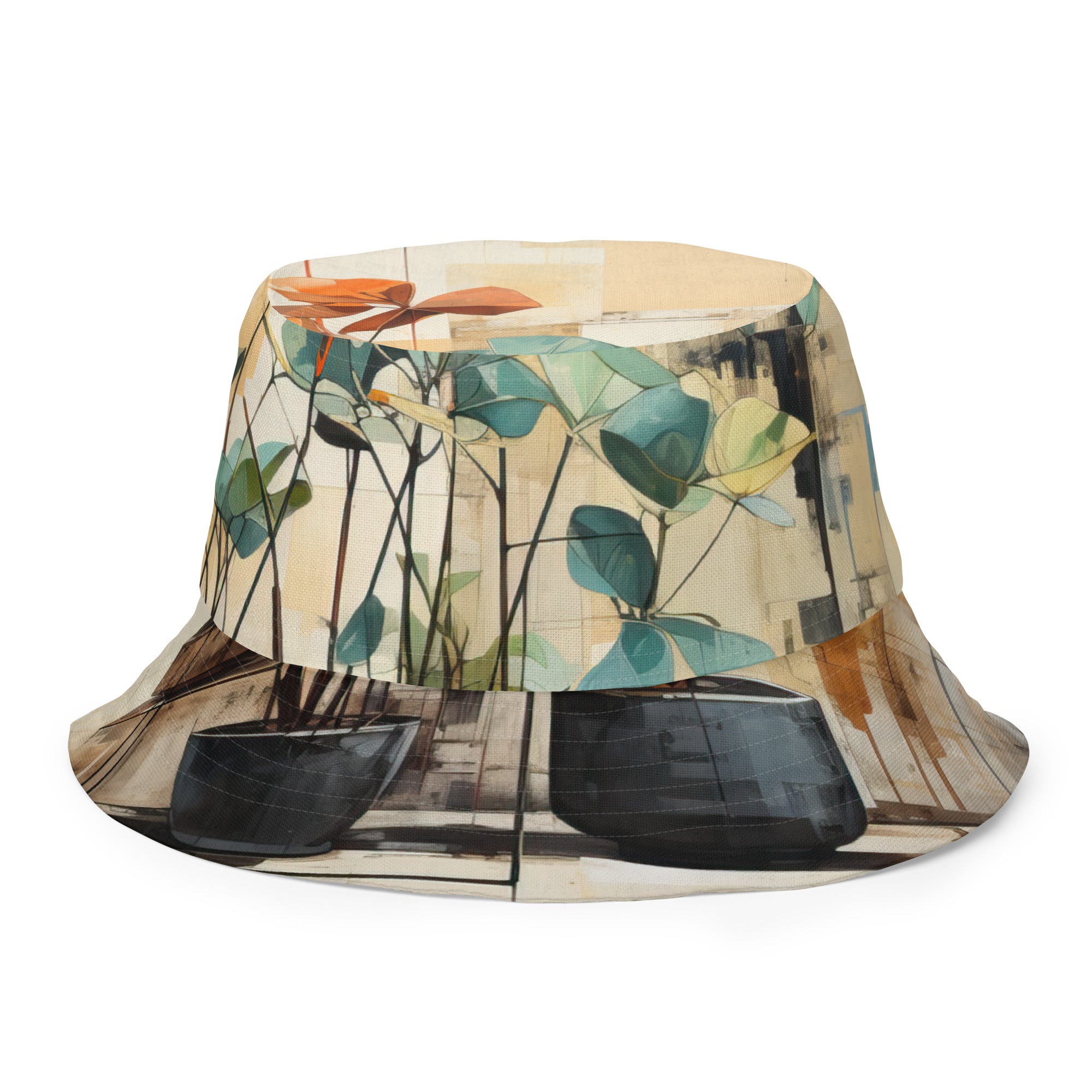 Reversible bucket hat featuring rustic botanical plants design, showcasing its stylish and breathable fabric.