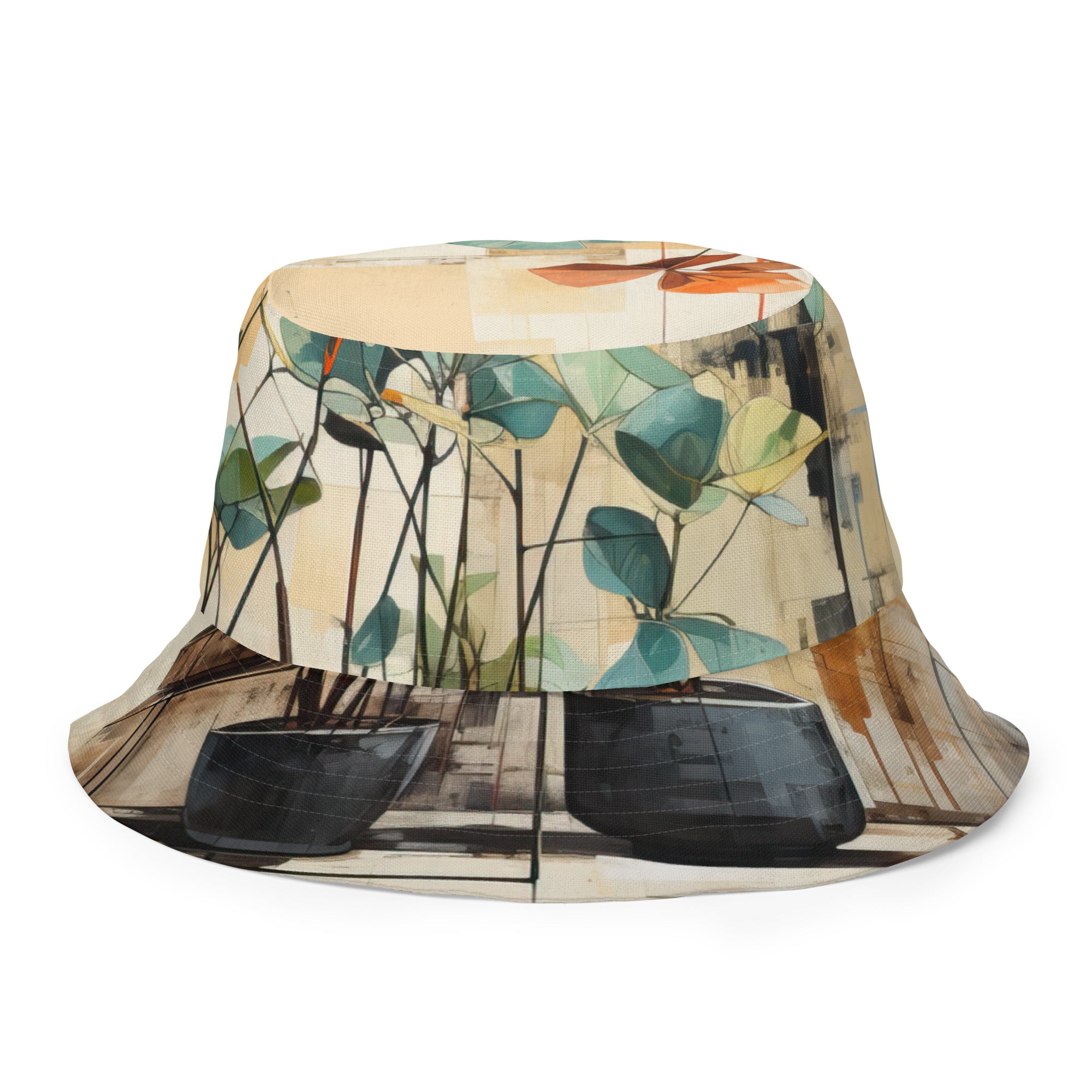 Reversible bucket hat featuring rustic botanical plants design, showcasing its stylish and breathable fabric.