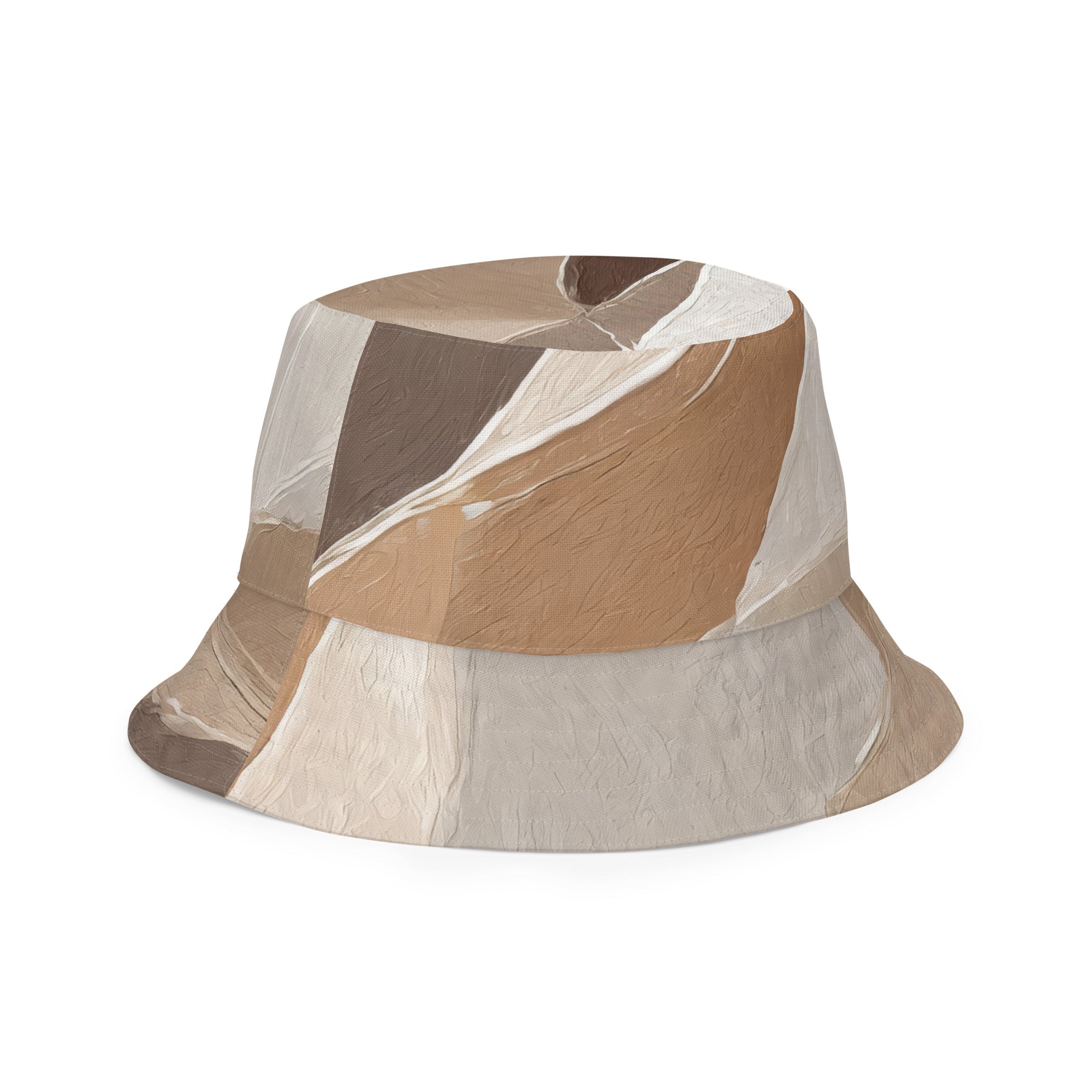 Reversible bucket hat featuring rustic brown stone print and taupe brown textured pattern, perfect for outdoor activities and fashion.