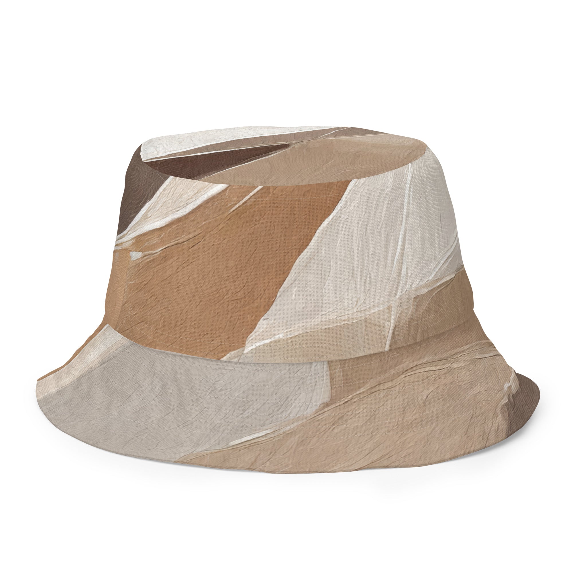 Reversible bucket hat featuring rustic brown stone print and taupe brown textured pattern, perfect for outdoor activities and fashion.