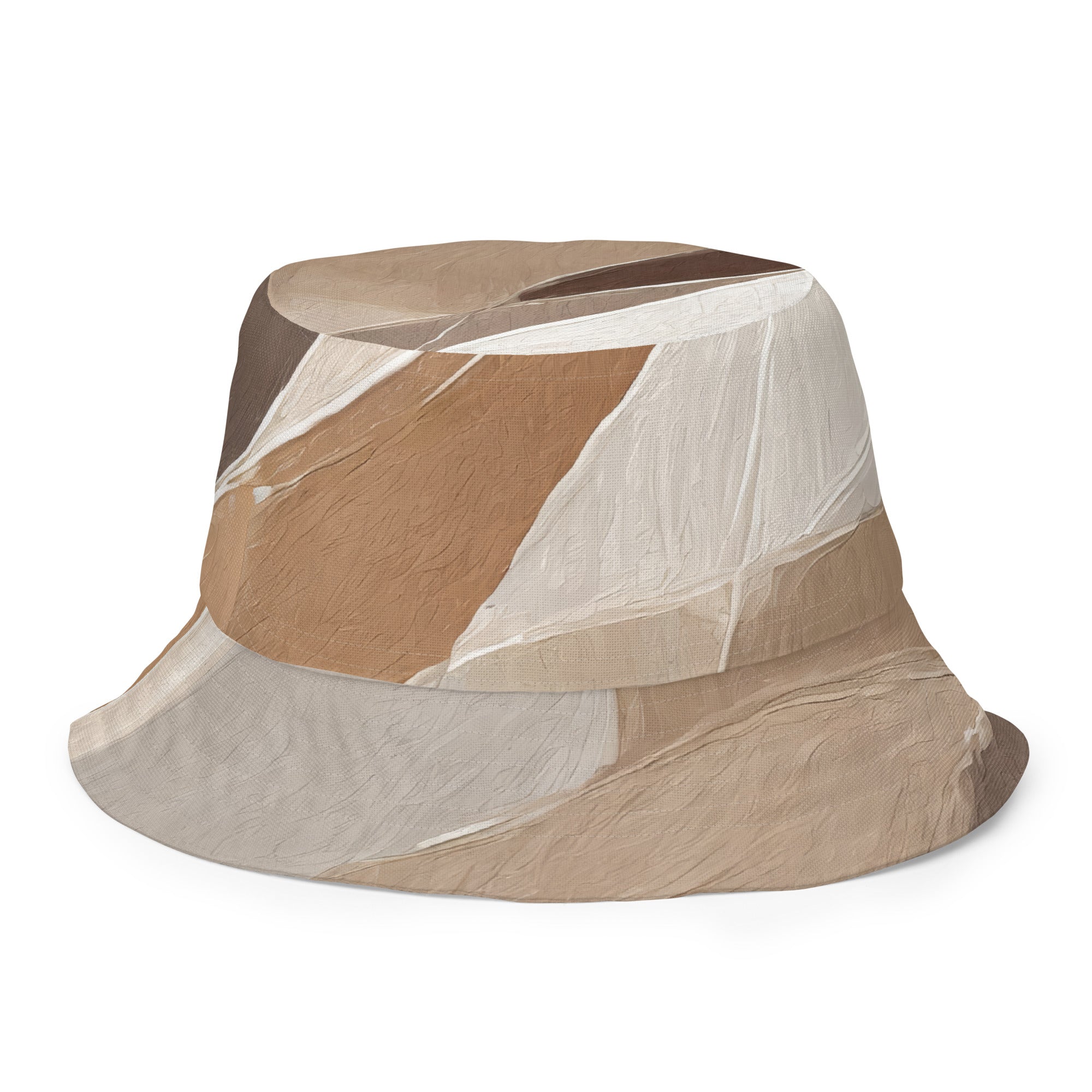 Reversible bucket hat featuring rustic brown stone print and taupe brown textured pattern, perfect for outdoor activities and fashion.