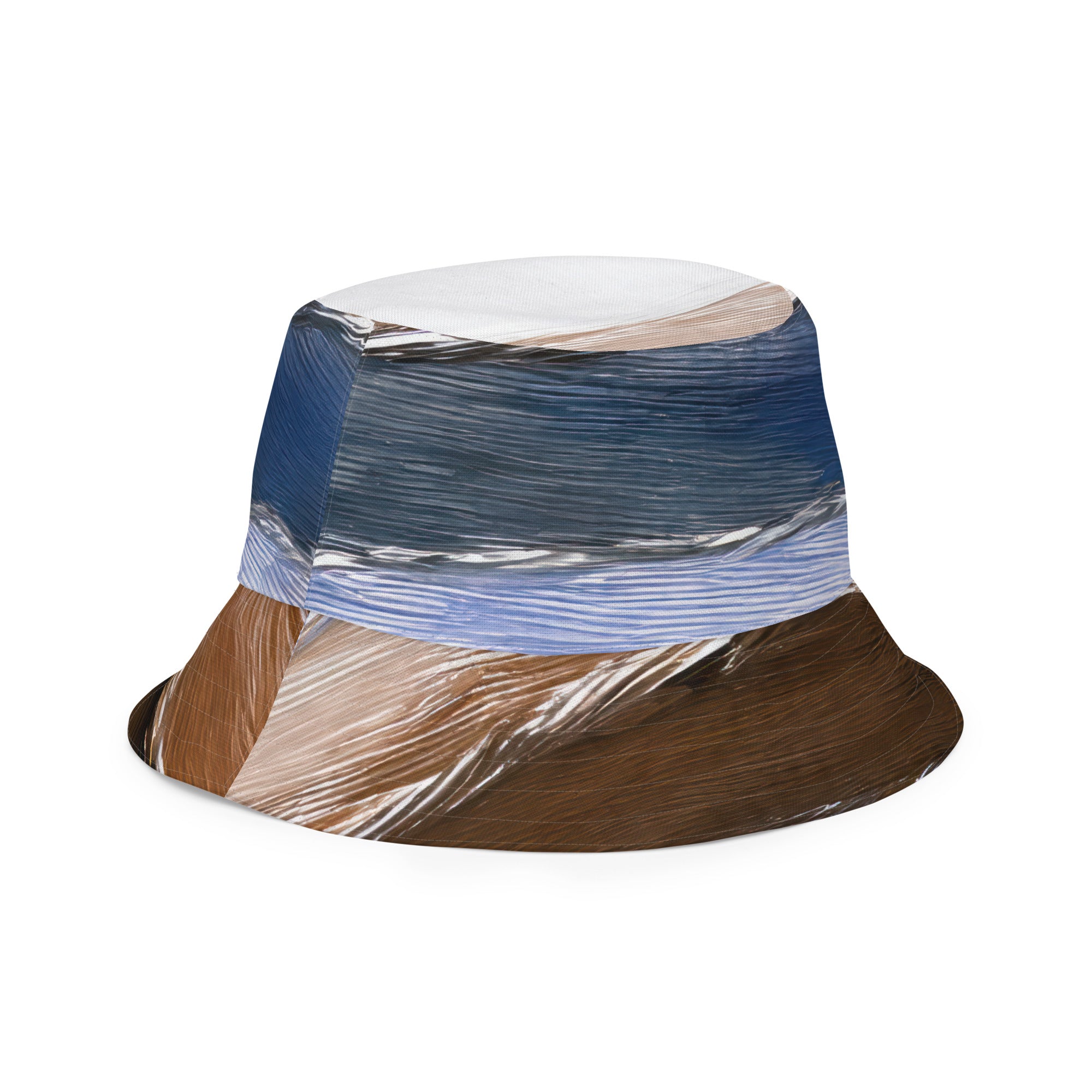 Reversible bucket hat featuring a rustic hues pattern, showcasing its stylish design and premium fabric.