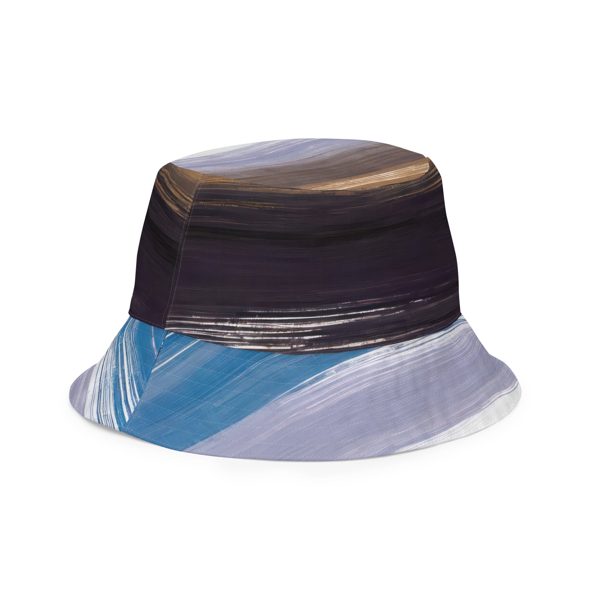 Reversible bucket hat featuring rustic purple and brown design, showcasing both sides for versatile styling.