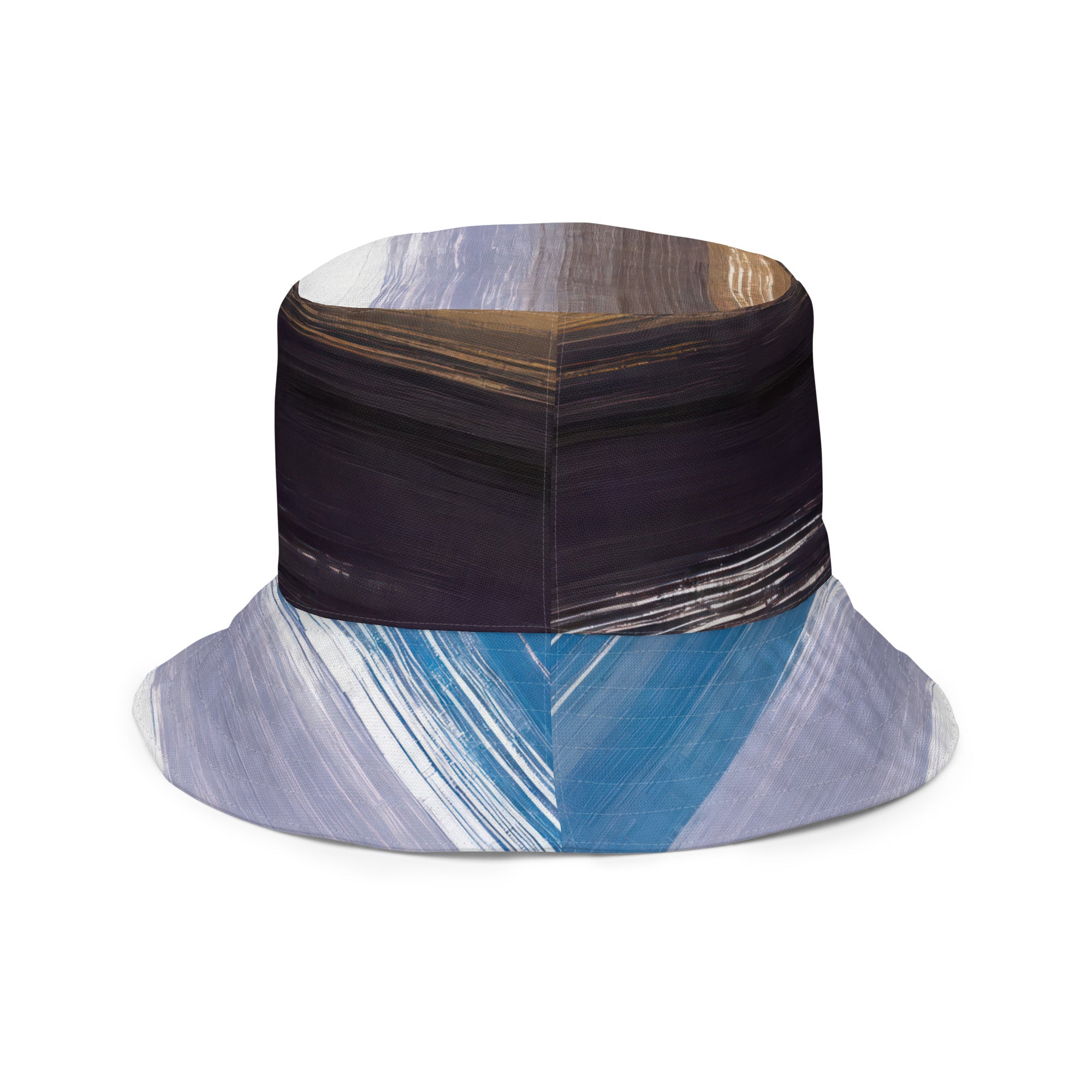 Reversible bucket hat featuring rustic purple and brown design, showcasing both sides for versatile styling.