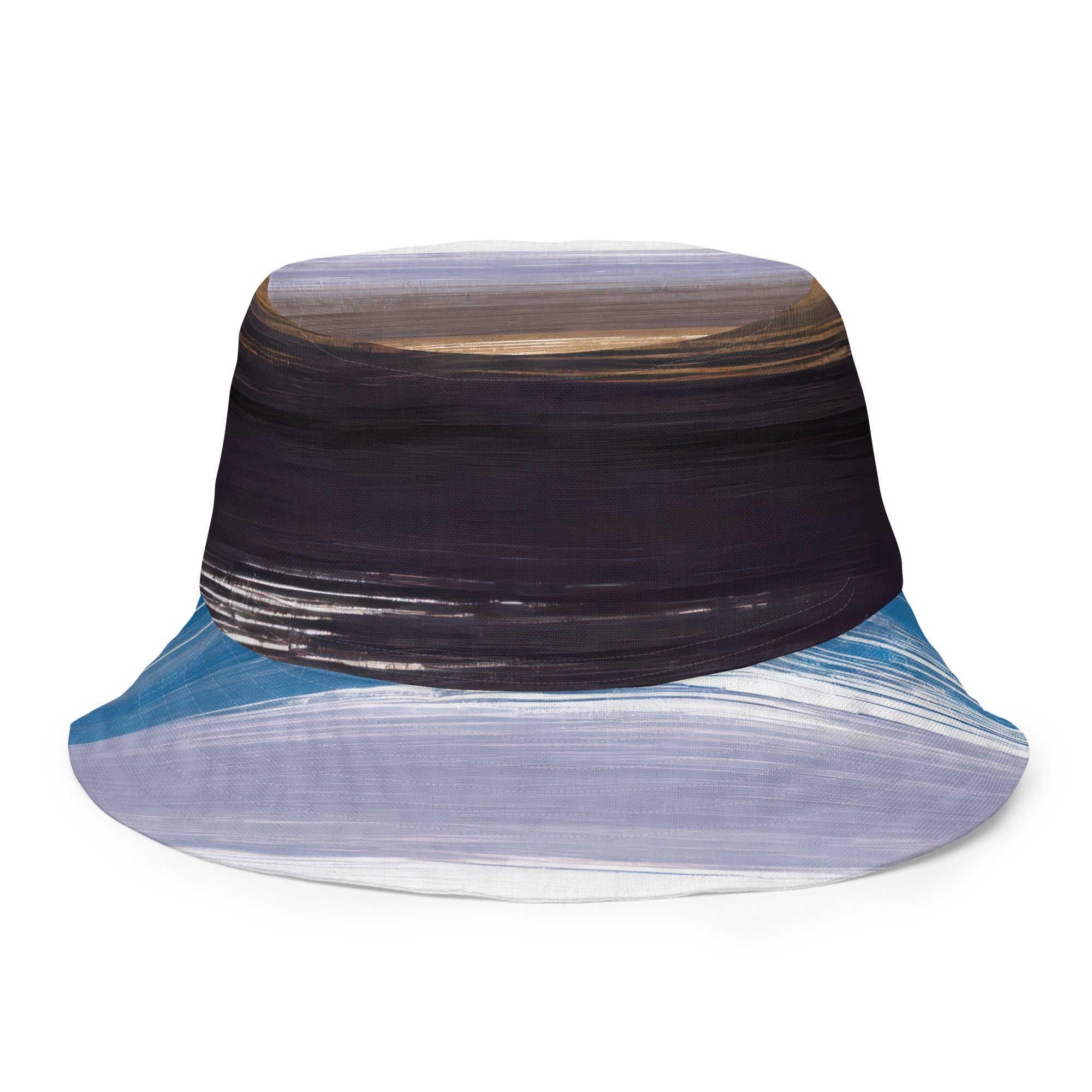 Reversible bucket hat featuring rustic purple and brown design, showcasing both sides for versatile styling.