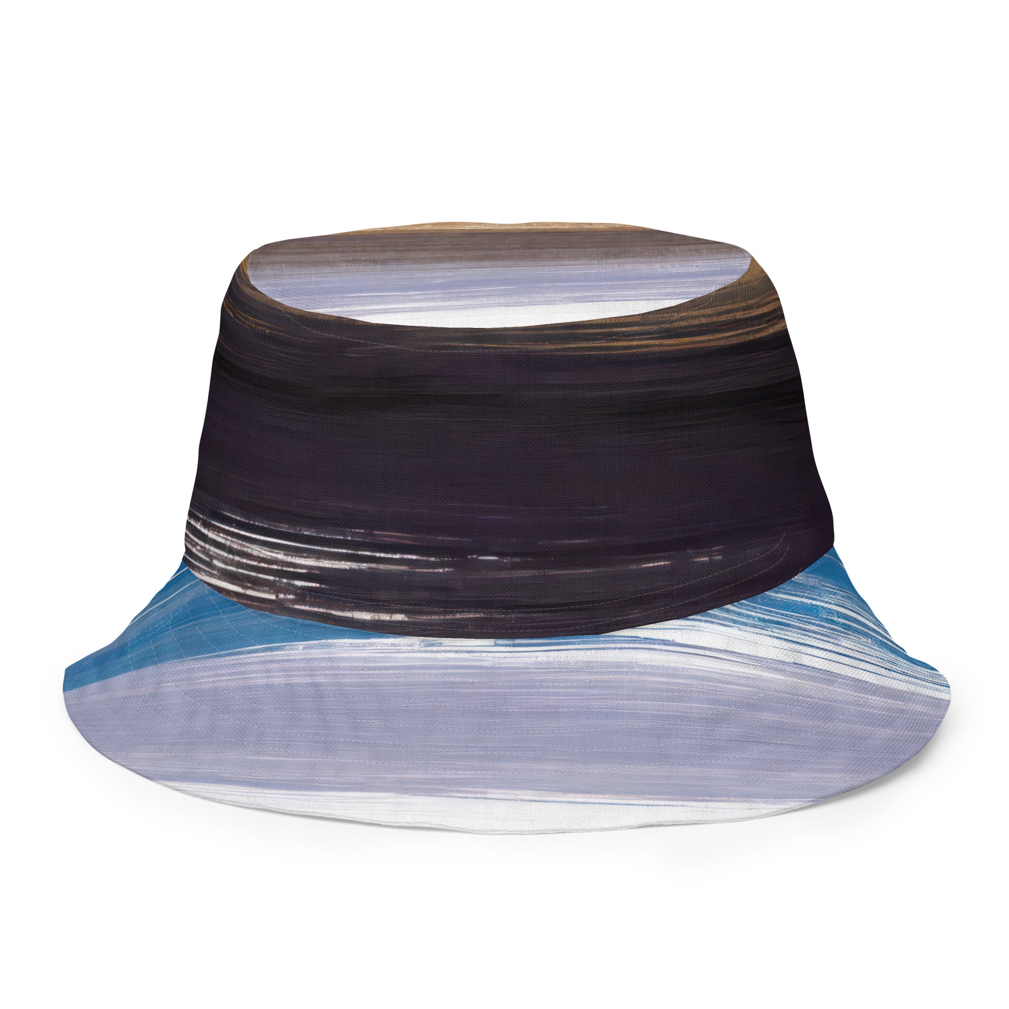 Reversible bucket hat featuring rustic purple and brown design, showcasing both sides for versatile styling.