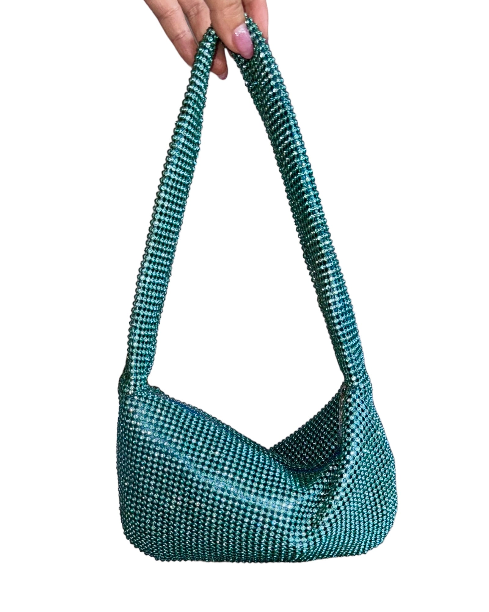 A stylish Rhinestone Mini Shoulder Bag featuring sparkling rhinestones and silver-tone accents, available in silver, red, and green.