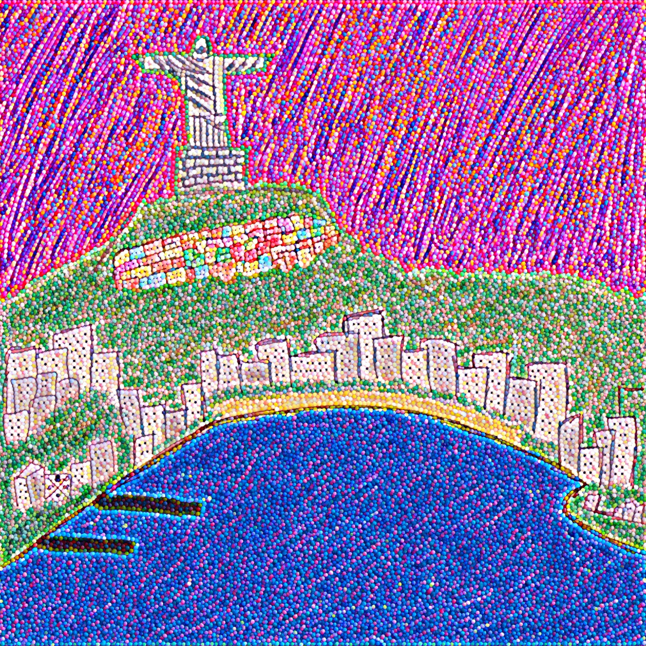 Hand sketched silk print of Christ the Redeemer statue overlooking Rio de Janeiro, showcasing intricate details and vibrant colors.