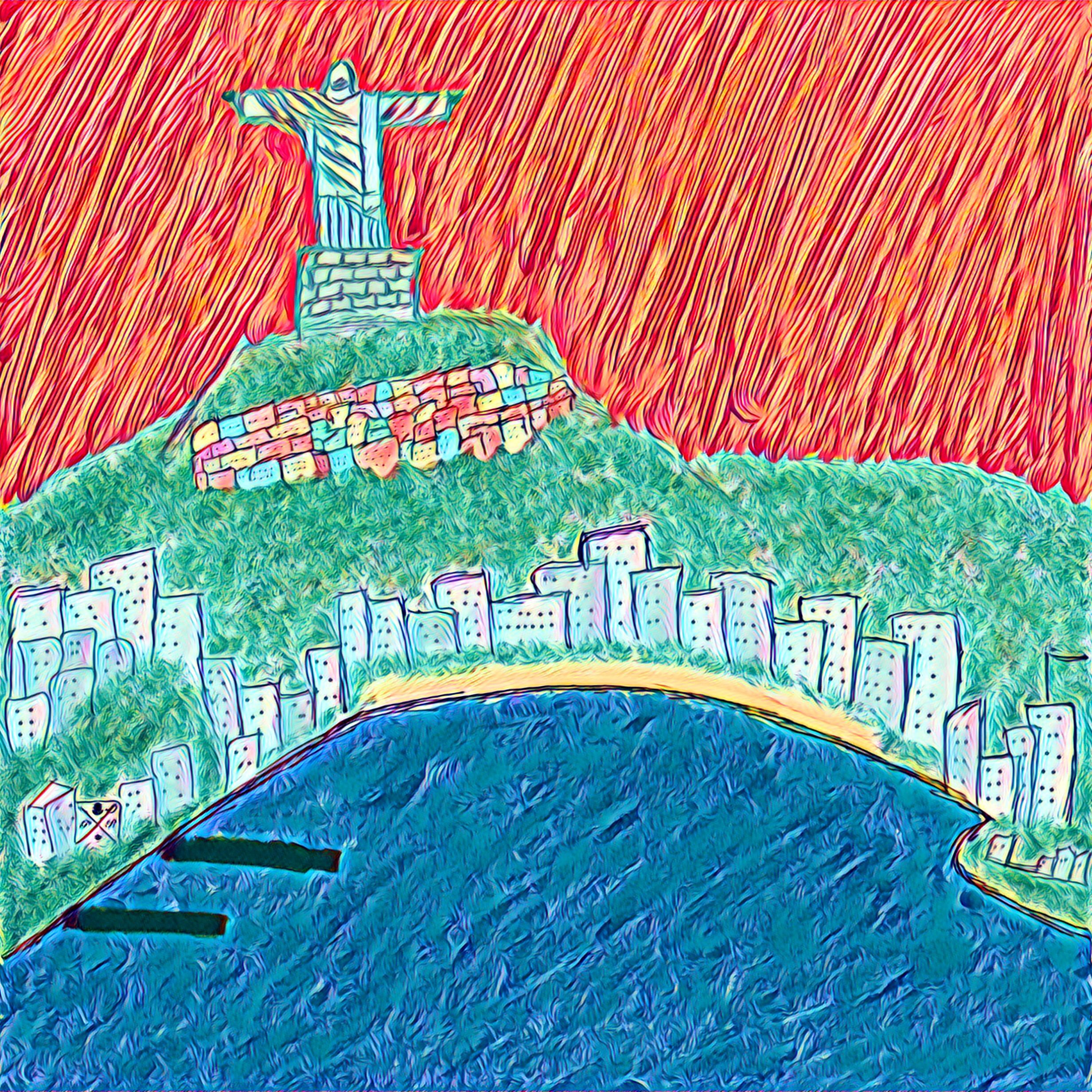 Hand sketched silk print of Christ the Redeemer statue in burnt orange, showcasing Rio de Janeiro's iconic landscape.