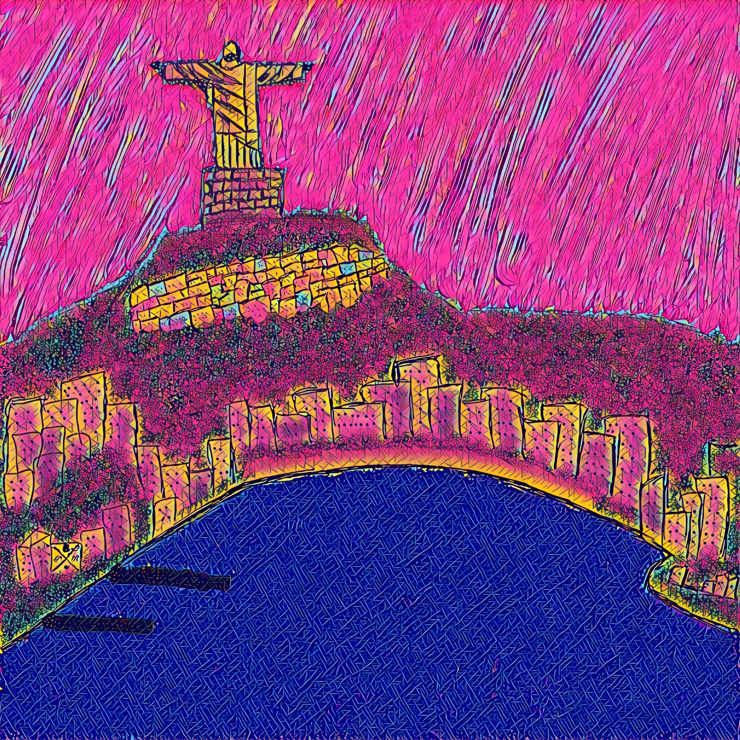 Fuschia ladies scarf featuring a hand sketched image of Christ the Redeemer statue in Rio de Janeiro.