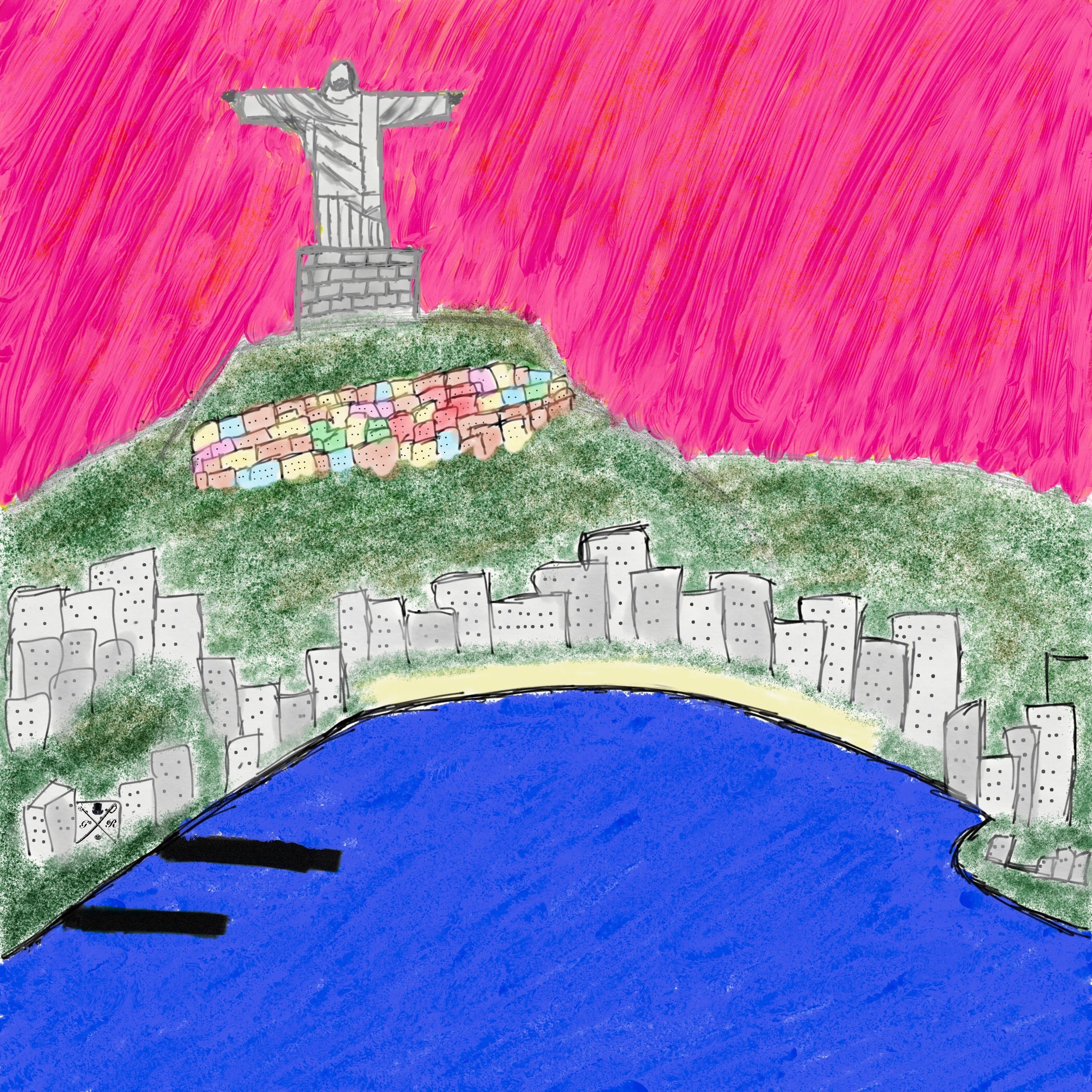 Hand-sketched silk print of Rio de Janeiro featuring Christ the Redeemer statue on Corcovado Mountain.