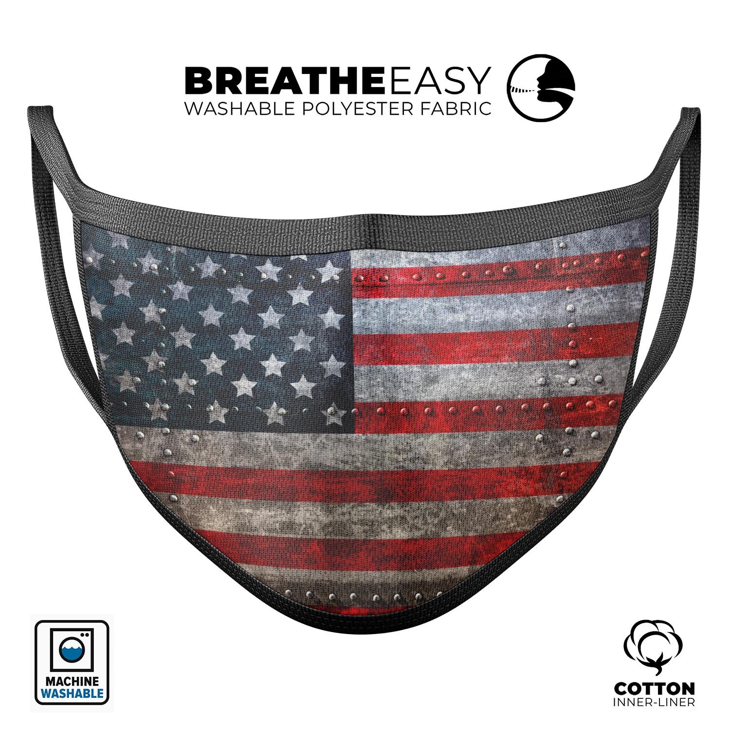 Riveted Metal American Flag face mask, showcasing a vibrant design with adjustable ear loops, made from soft cotton for comfort.