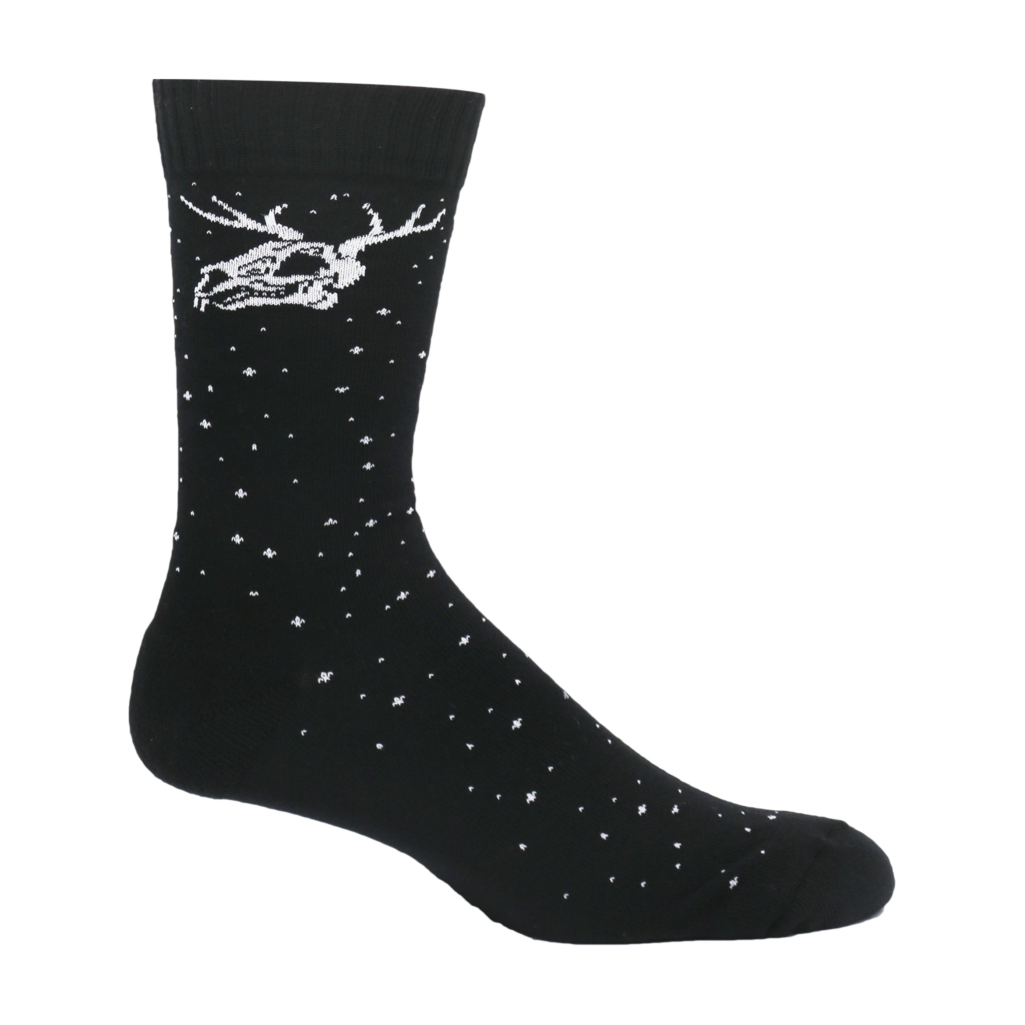 Roadkill Skeleton Deer Crew Socks featuring a humorous design of Rudolph the Rednosed Reindeer in black and white.