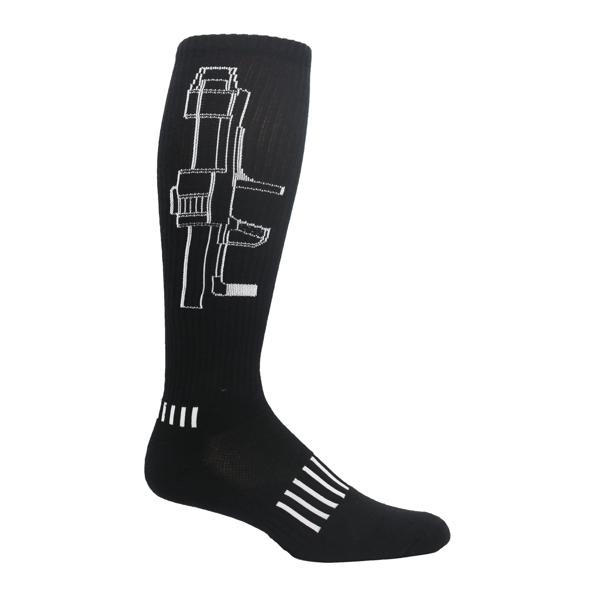 Rocket Launcher Knee High Socks featuring a bold bazooka design in black and white, perfect for unique fashion lovers.