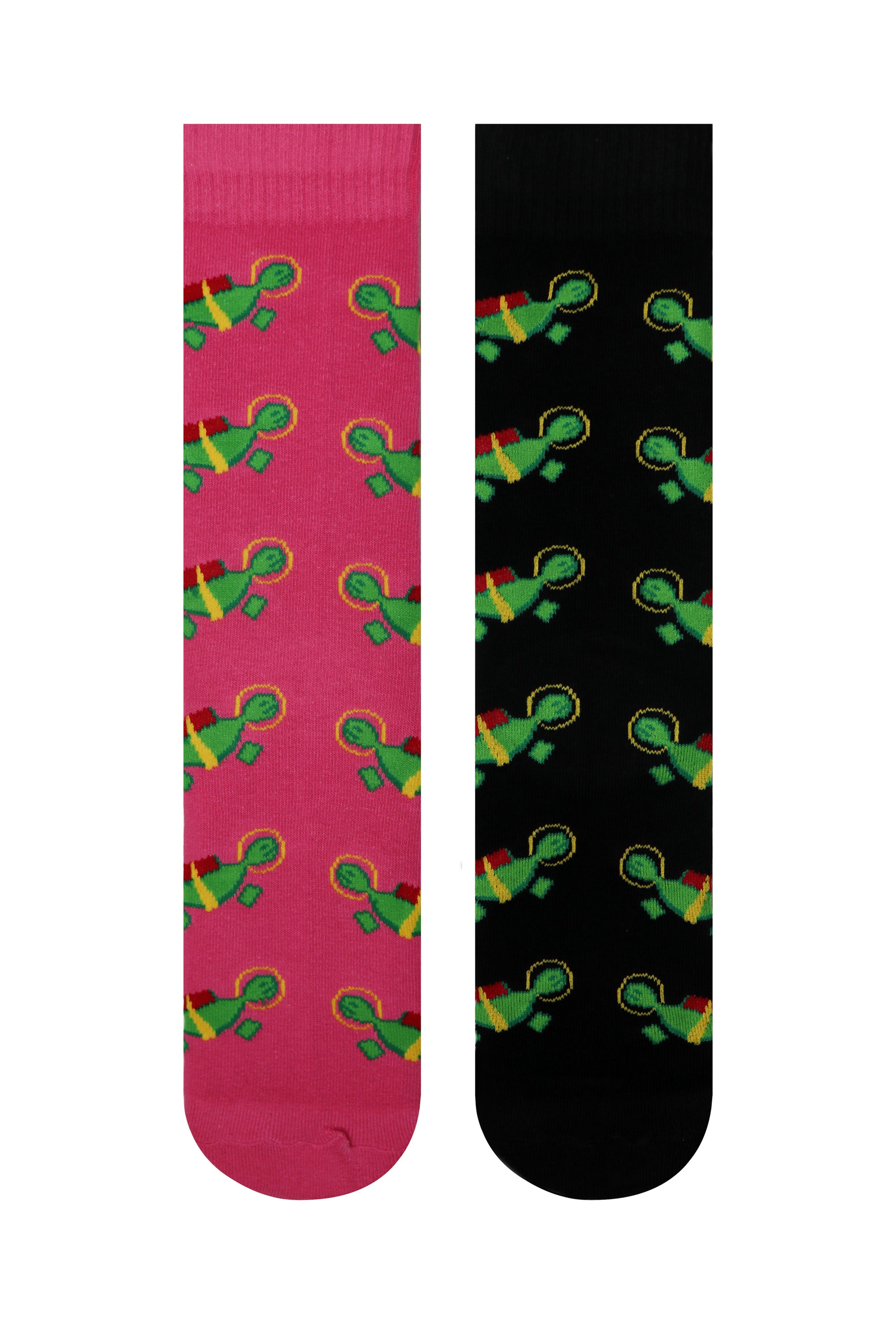 A pair of black crew socks featuring a colorful Rocket Turtle design, perfect for fun and casual wear.