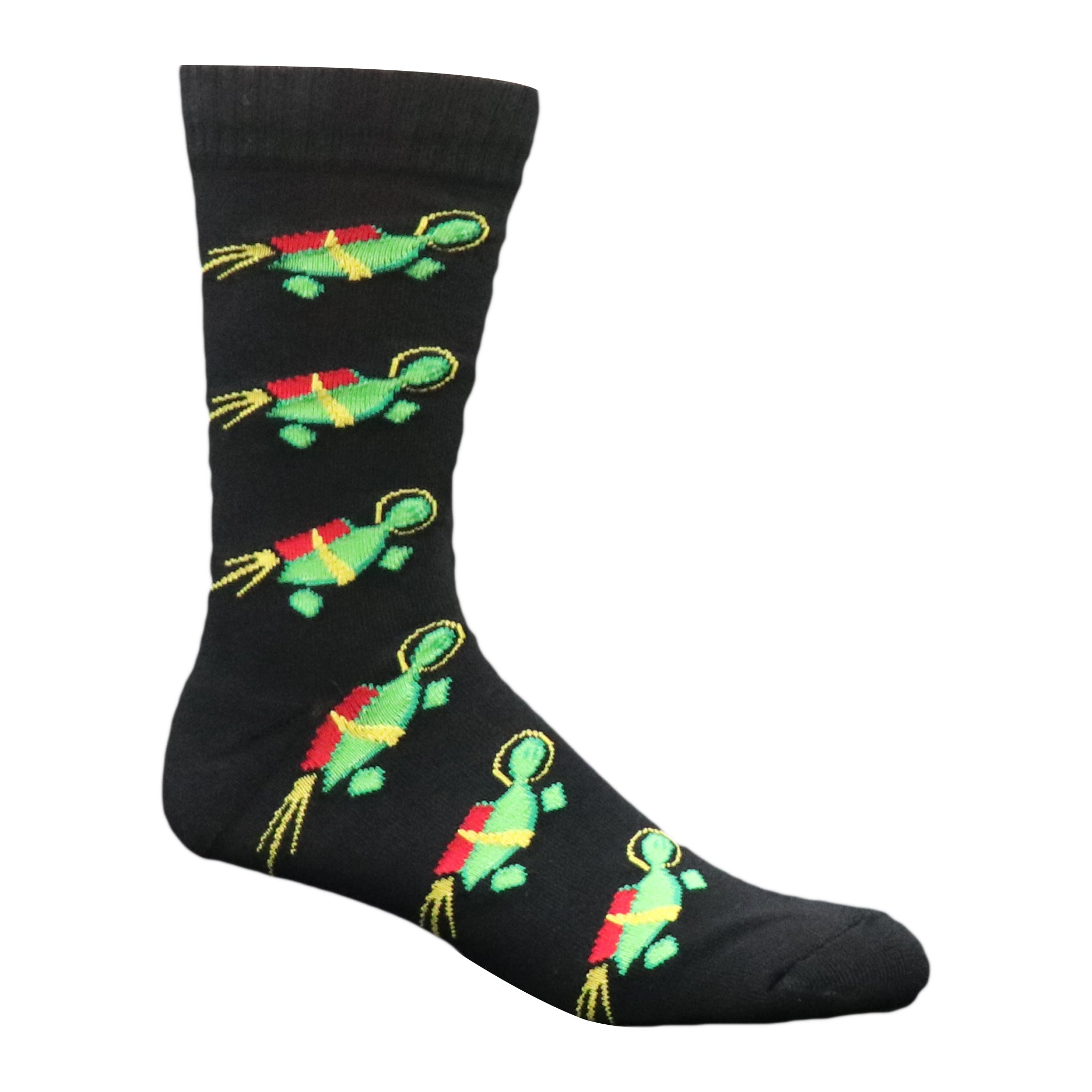 A pair of black crew socks featuring a colorful Rocket Turtle design, perfect for fun and casual wear.