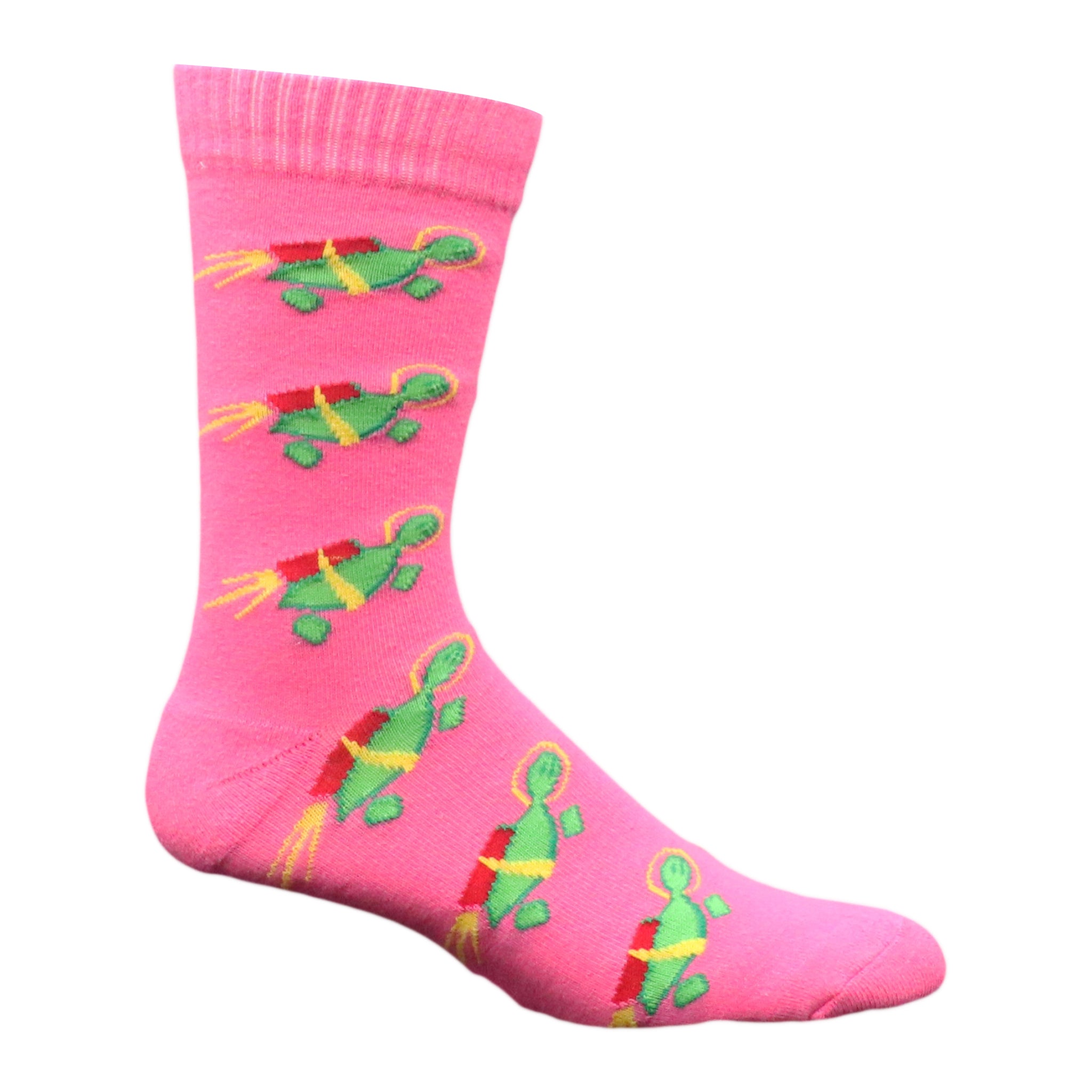 A pair of black crew socks featuring a colorful Rocket Turtle design, perfect for fun and casual wear.