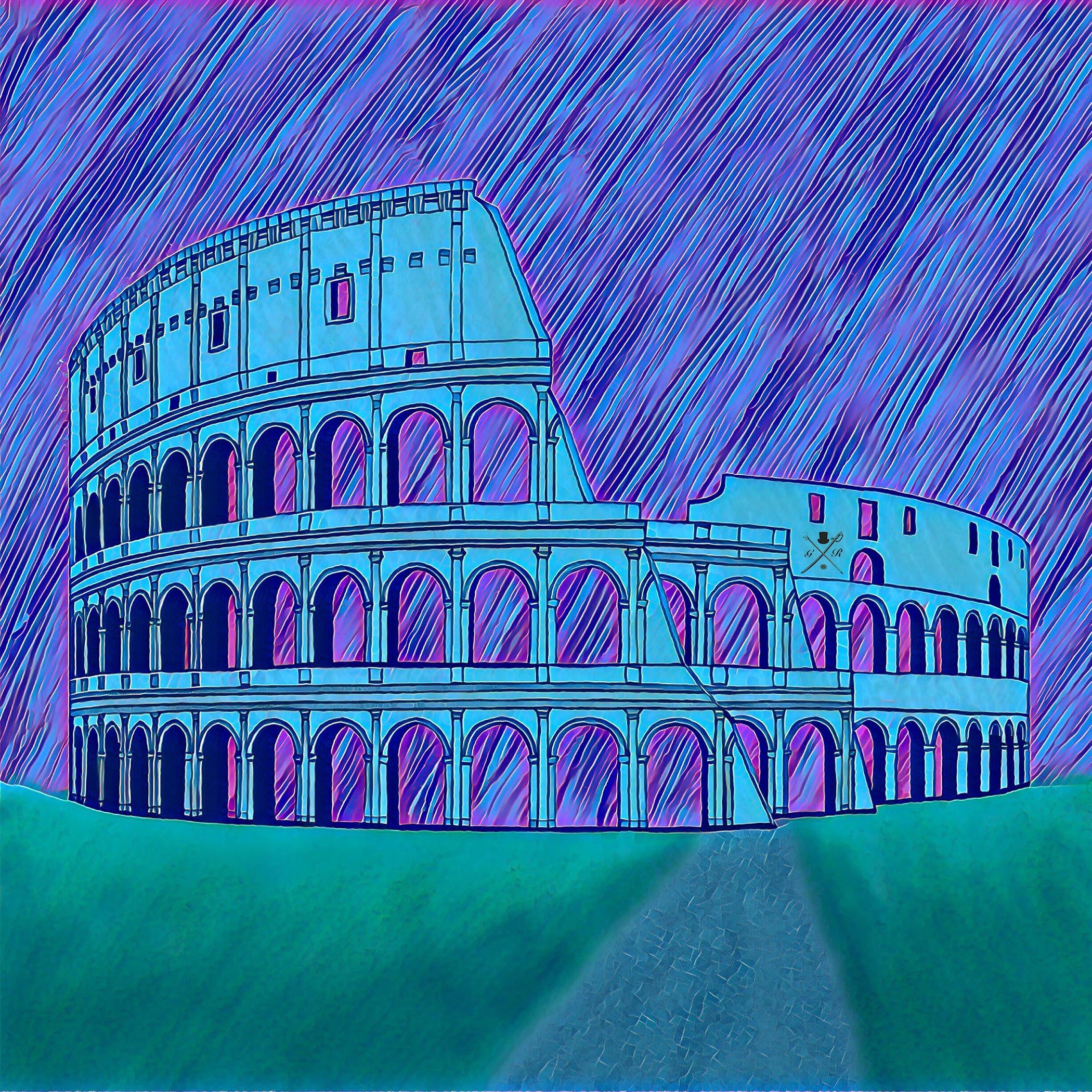 A beautiful blue ladies scarf featuring a sketched image of the Colosseum in Rome, designed with vibrant shades of blue, magenta, and green.