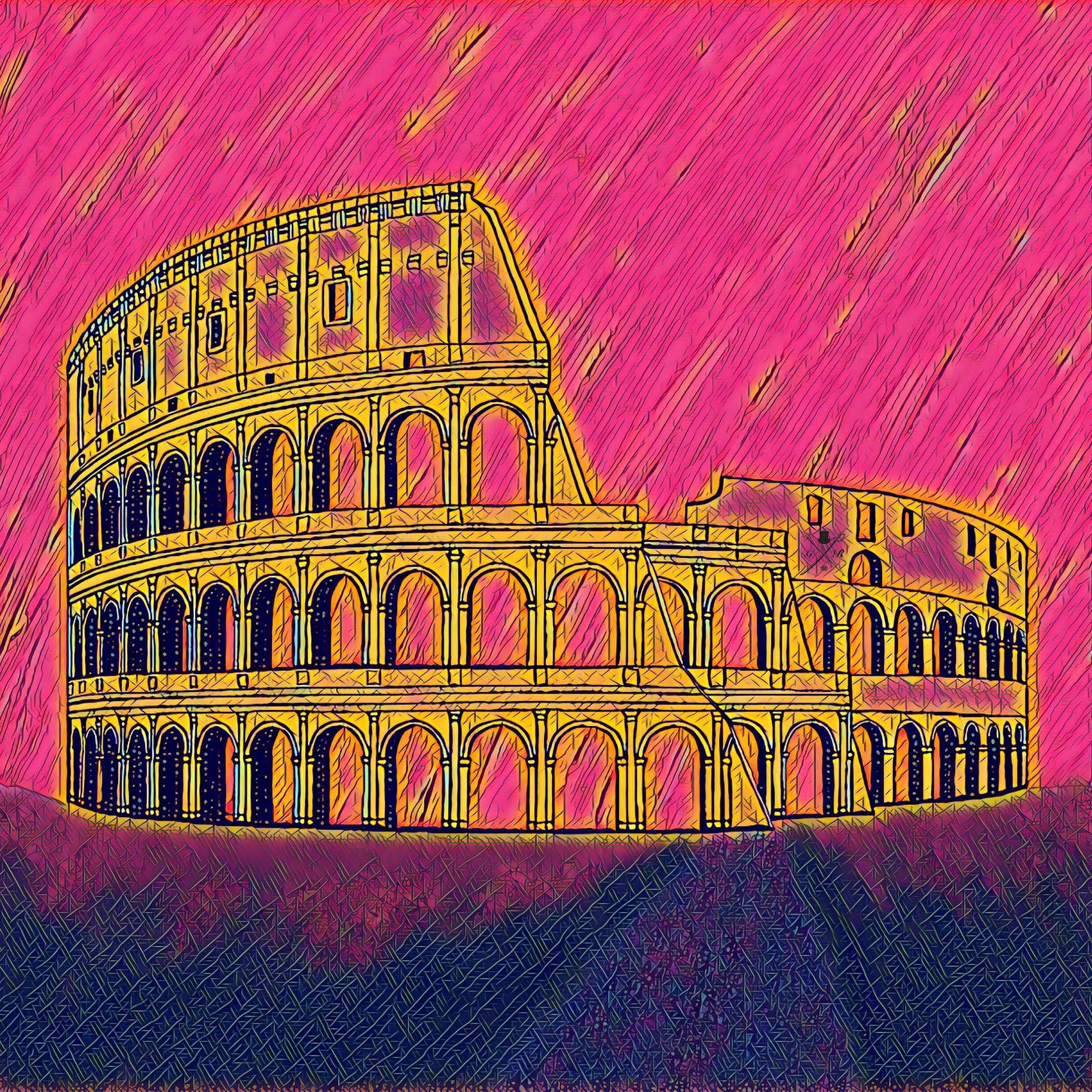 A stylish pink and gold ladies scarf featuring a hand-sketched design of the Colosseum in Rome, showcasing vibrant magenta and hot pink shades.