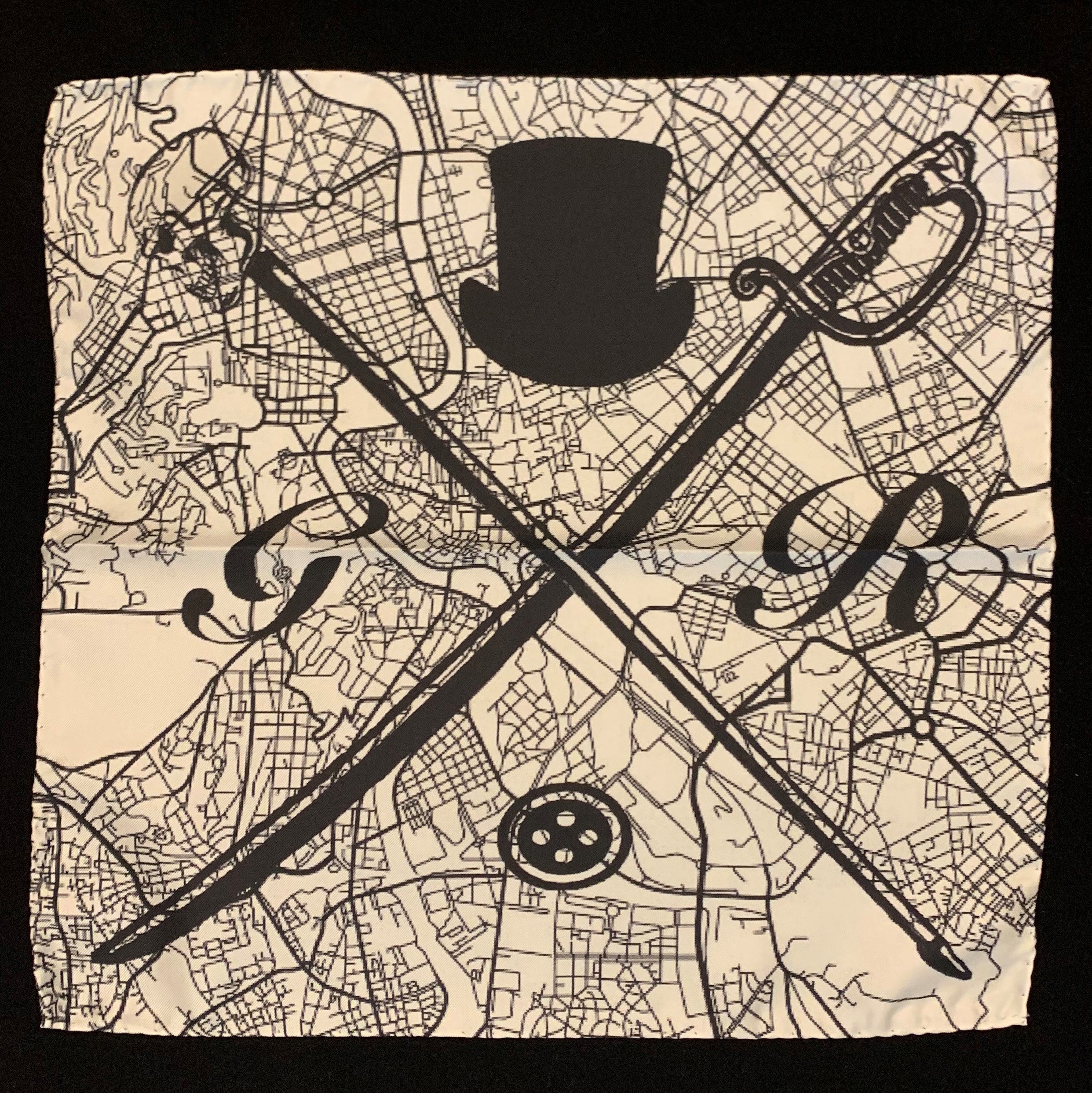 Elegant black and white silk pocket square featuring a detailed Rome street map design and Gentleman Rogue logo.