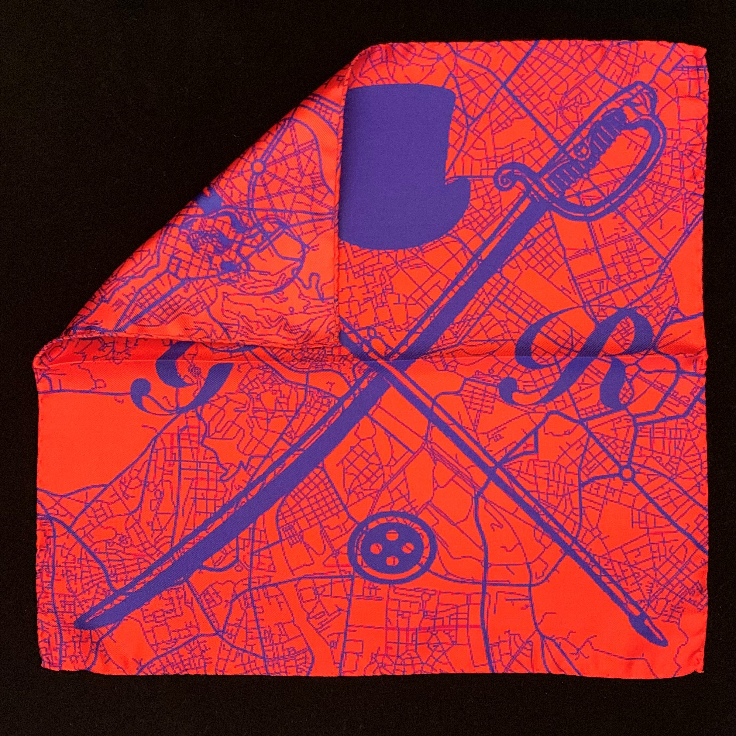 Burnt orange pocket square featuring a detailed map of Rome with Gentleman Rogue logo.