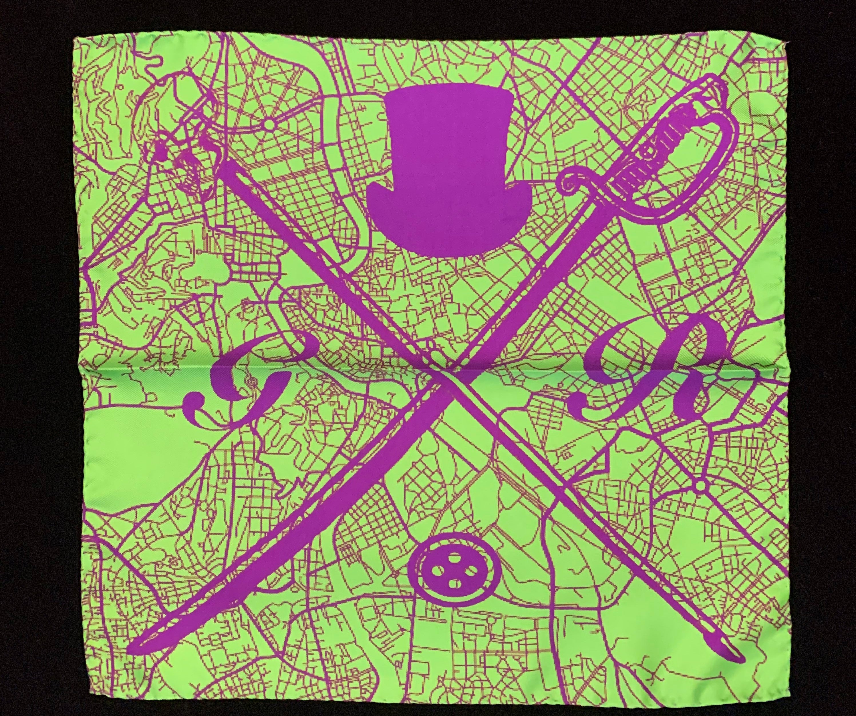 Rome Street Map Green Pocket Square featuring a detailed map design and Gentleman Rogue logo, made from 100% silk.