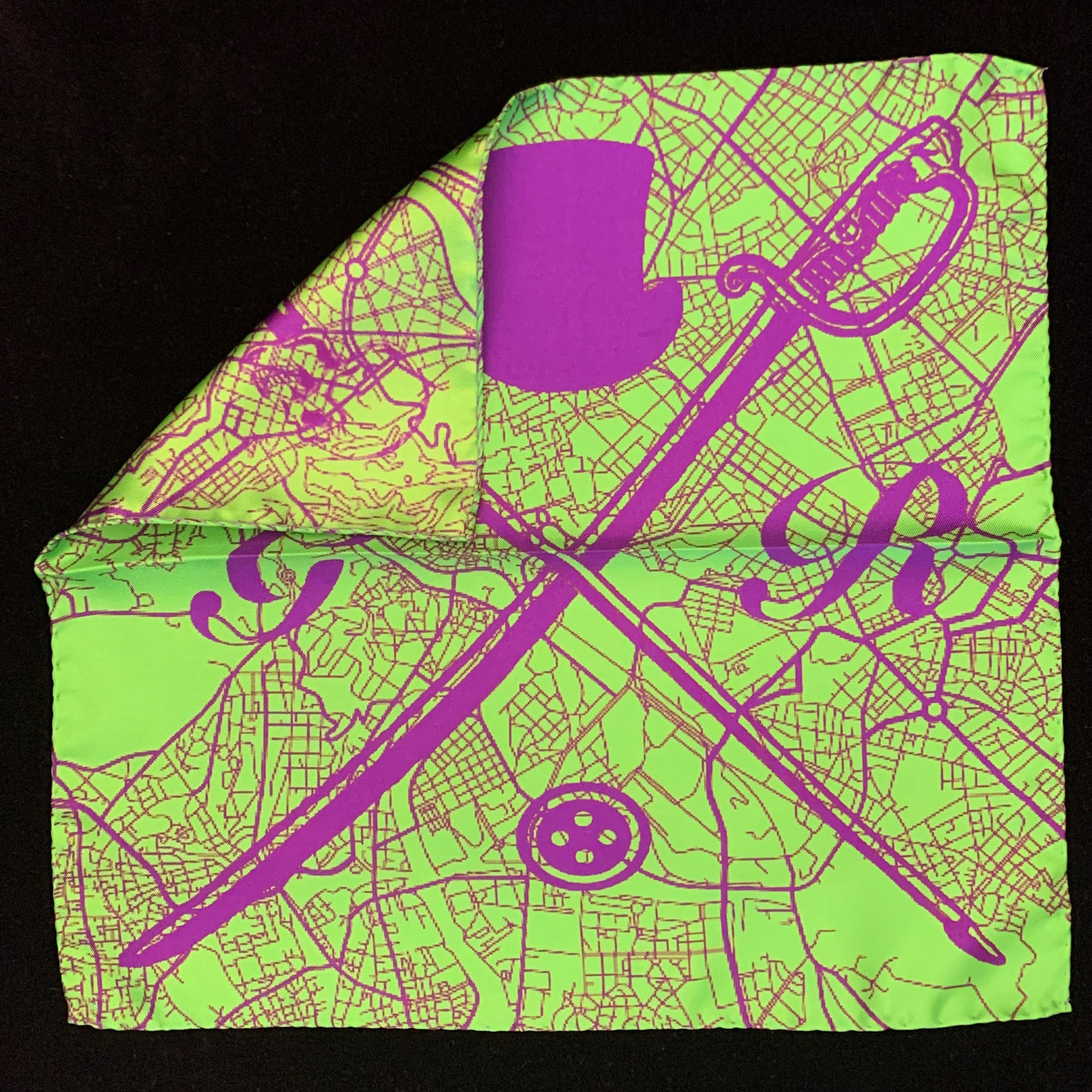 Rome Street Map Green Pocket Square featuring a detailed map design and Gentleman Rogue logo, made from 100% silk.