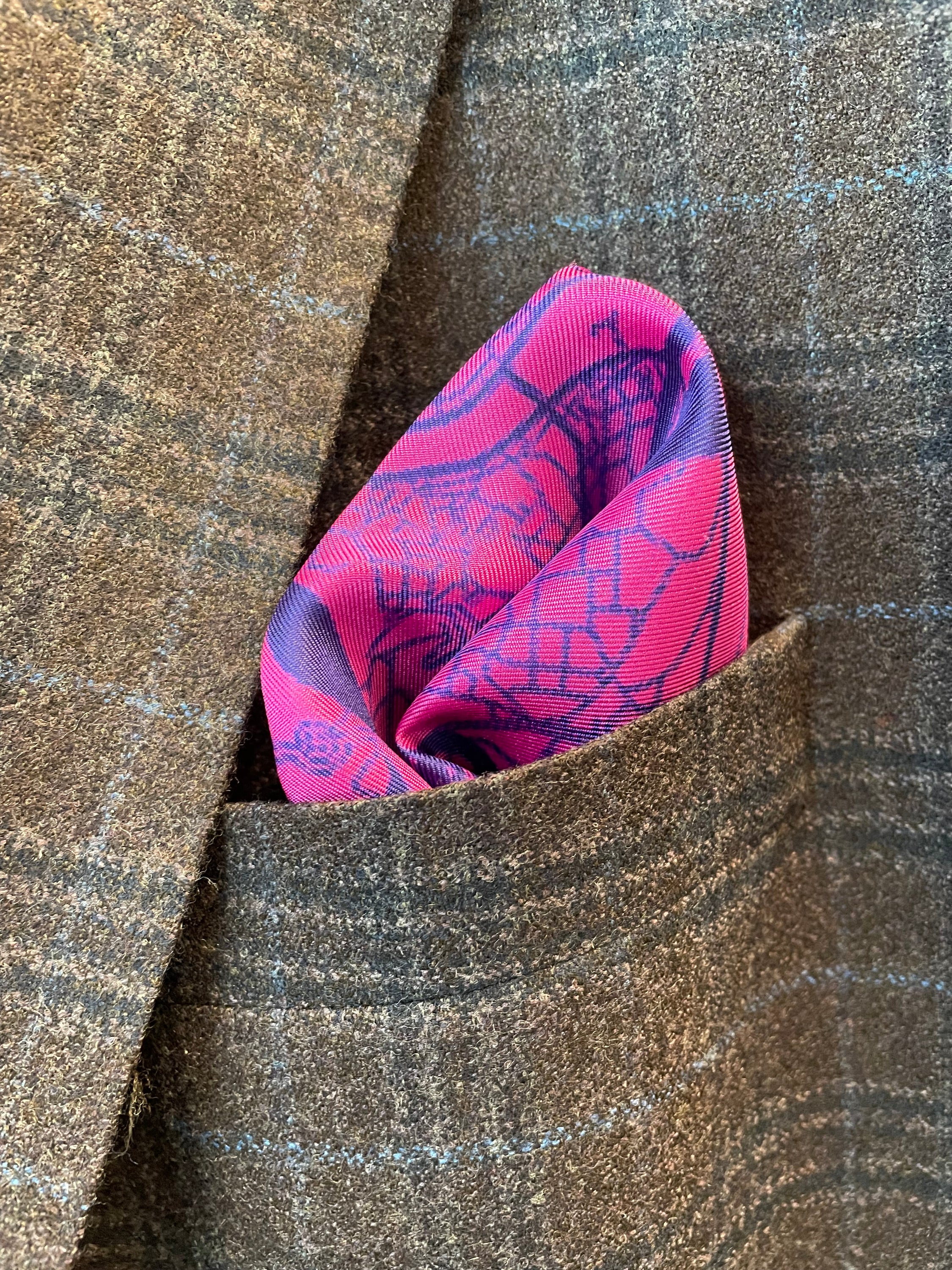 Rome Street Map Magenta Pocket Square featuring a vibrant street map design and Gentleman Rogue logo, made from 100% silk.