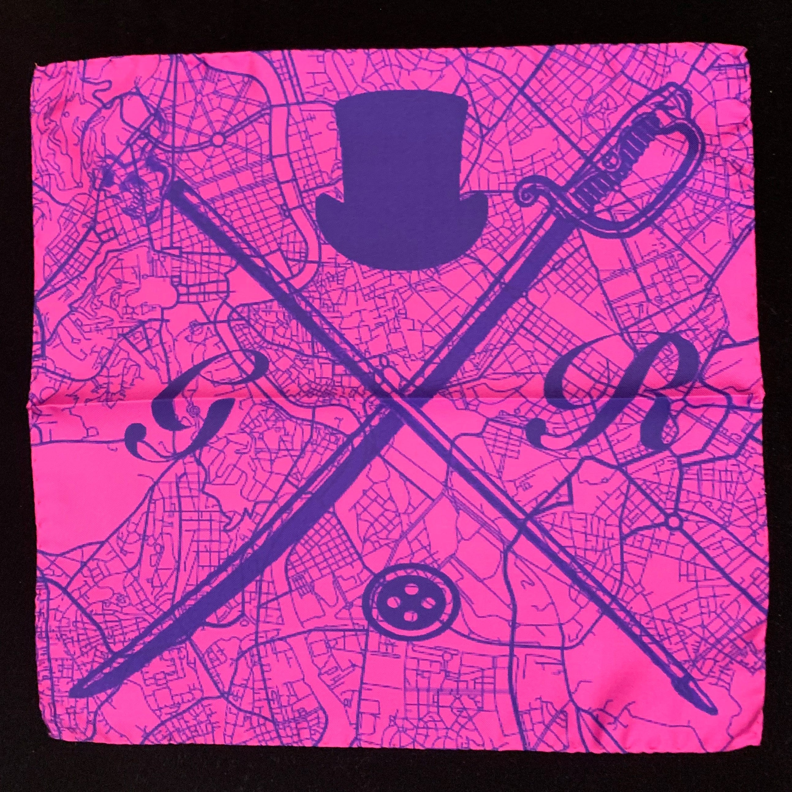 Rome Street Map Magenta Pocket Square featuring a vibrant street map design and Gentleman Rogue logo, made from 100% silk.