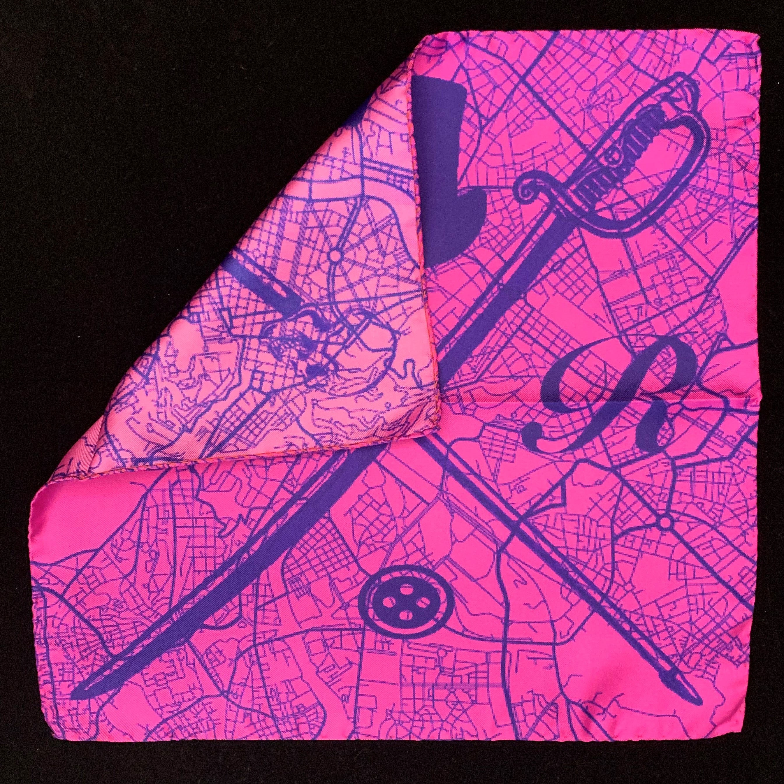 Rome Street Map Magenta Pocket Square featuring a vibrant street map design and Gentleman Rogue logo, made from 100% silk.