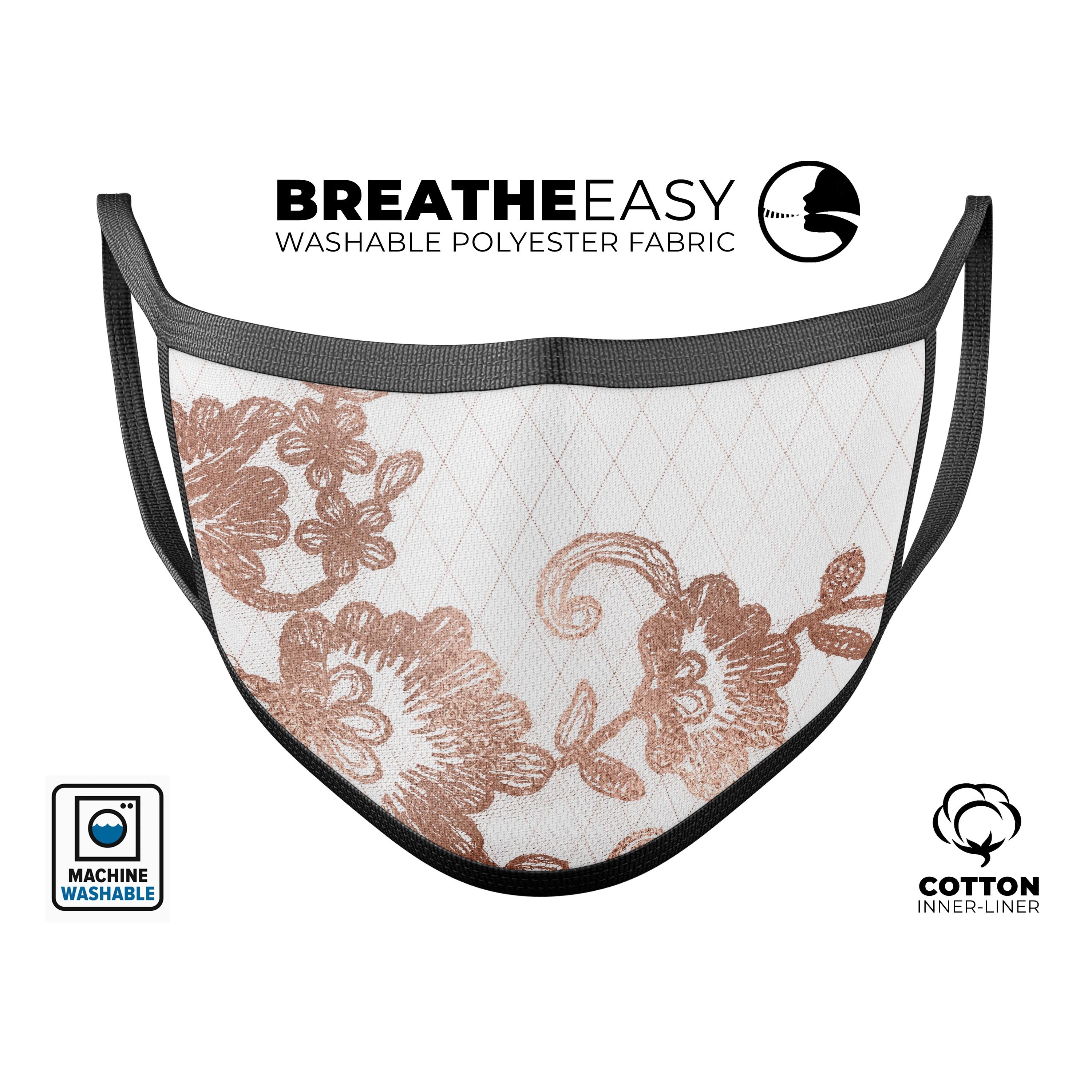 Rose Gold Lace Pattern mouth cover, showcasing a stylish design with adjustable ear loops for a comfortable fit.