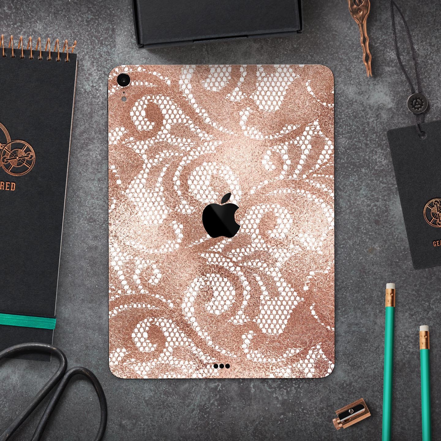 Rose Gold Lace Pattern skin decal for Apple iPad, showcasing intricate lace design and premium finish.