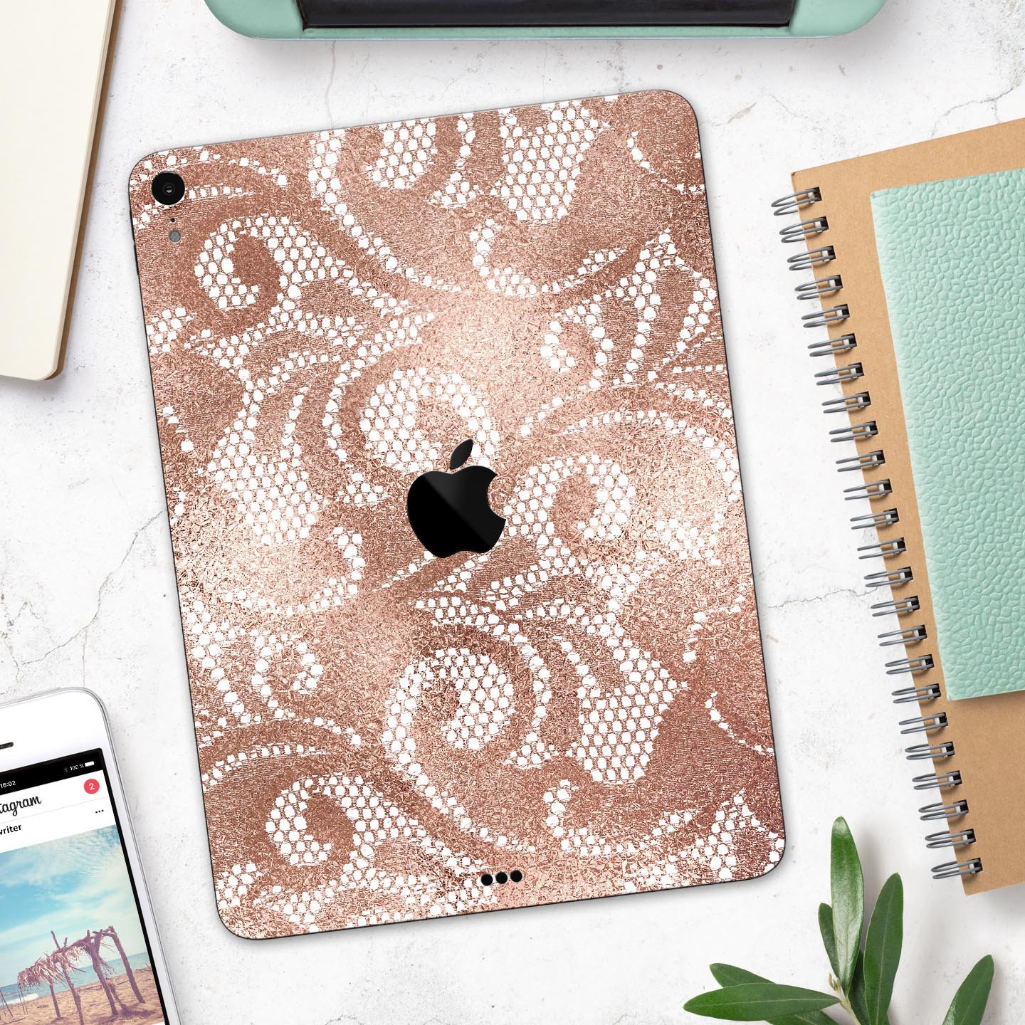 Rose Gold Lace Pattern skin decal for Apple iPad, showcasing intricate lace design and premium finish.