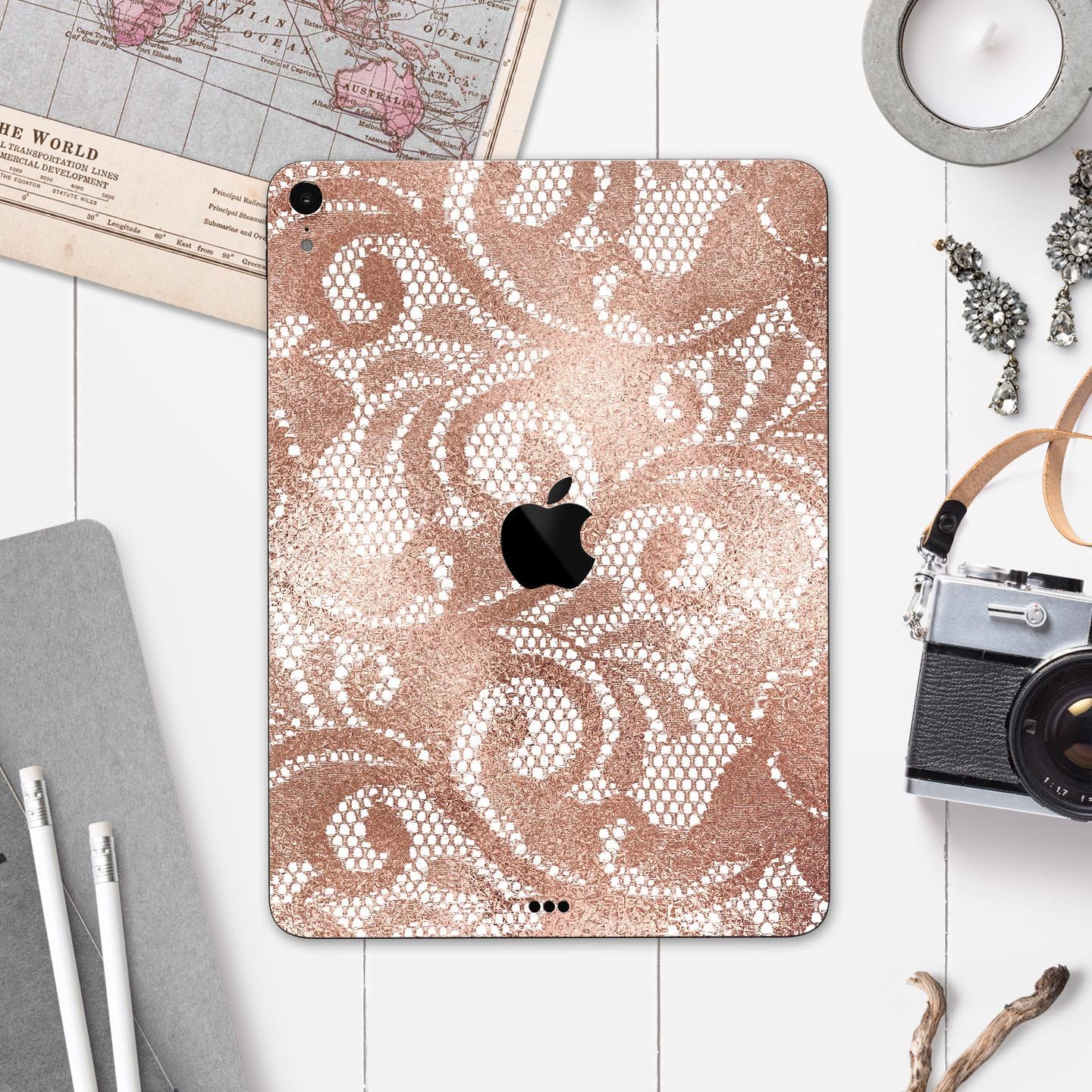 Rose Gold Lace Pattern skin decal for Apple iPad, showcasing intricate lace design and premium finish.