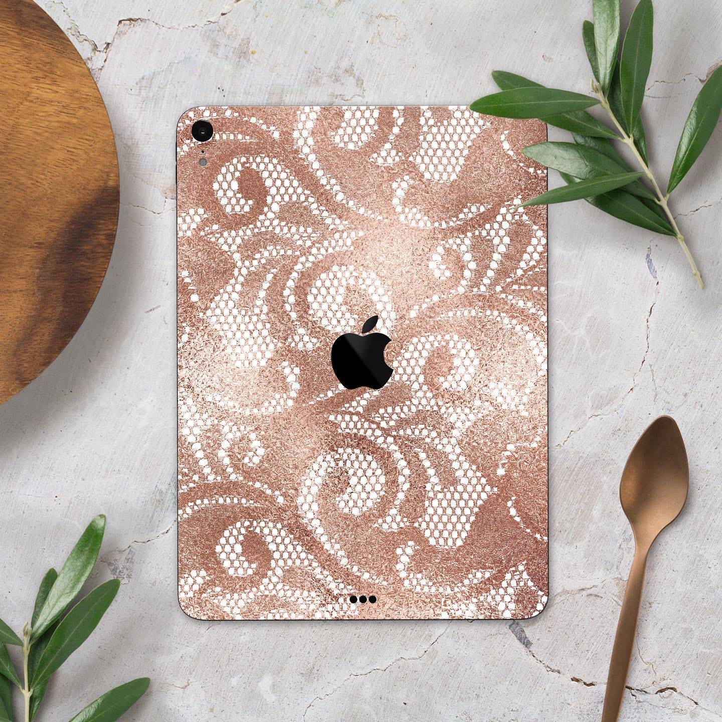 Rose Gold Lace Pattern skin decal for Apple iPad, showcasing intricate lace design and premium finish.