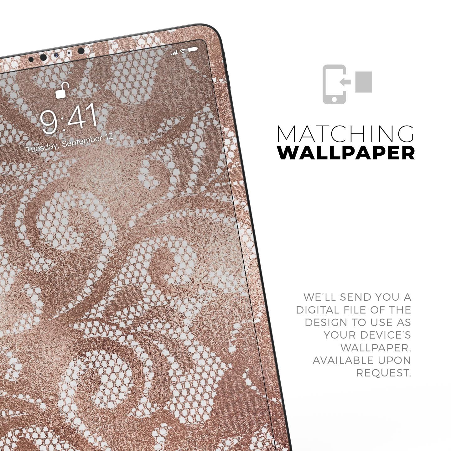 Rose Gold Lace Pattern skin decal for Apple iPad, showcasing intricate lace design and premium finish.