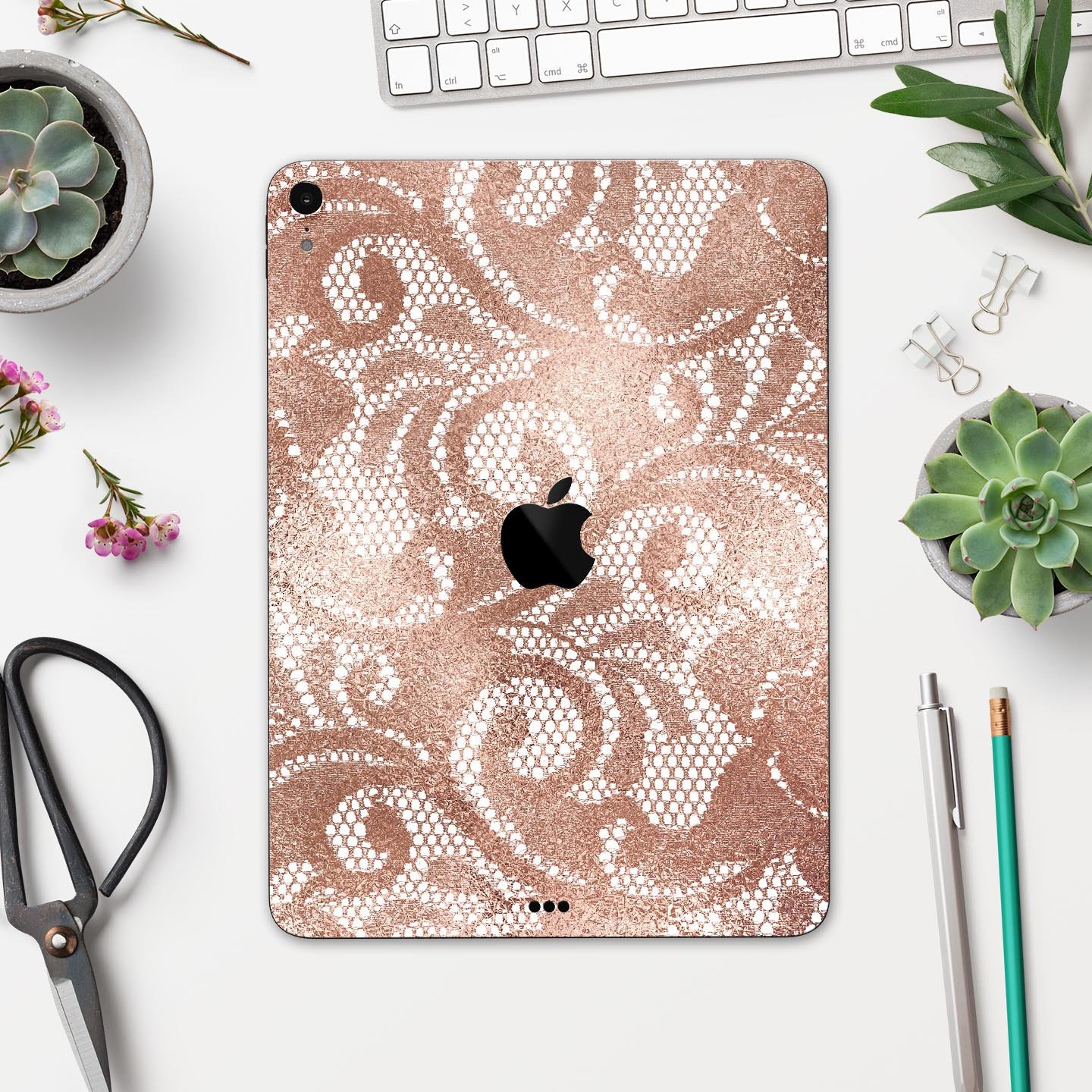 Rose Gold Lace Pattern skin decal for Apple iPad, showcasing intricate lace design and premium finish.