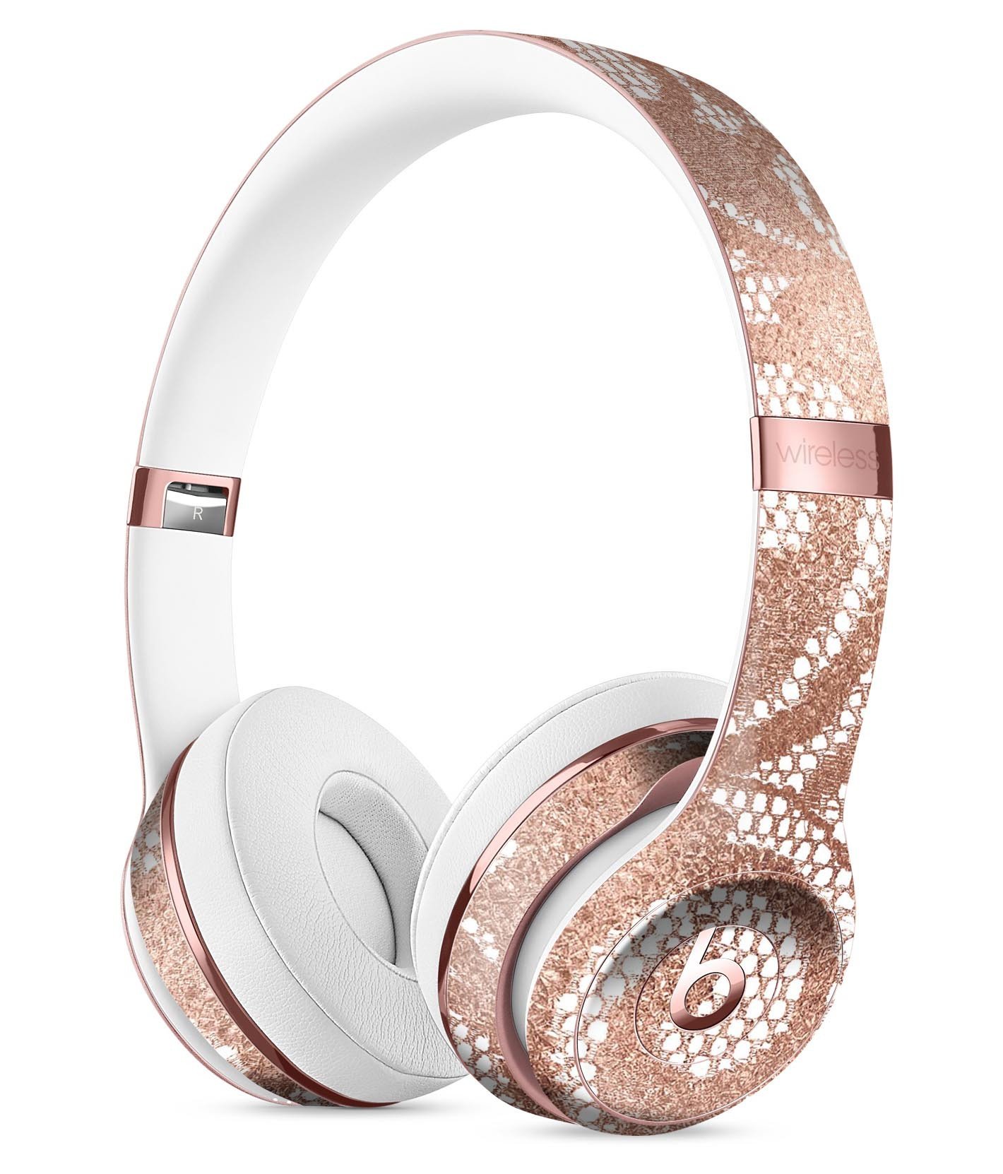 Rose Gold Lace Pattern Skin Kit for Beats by Dre Solo 3 Wireless Headphones, showcasing a stylish design and durable vinyl material.